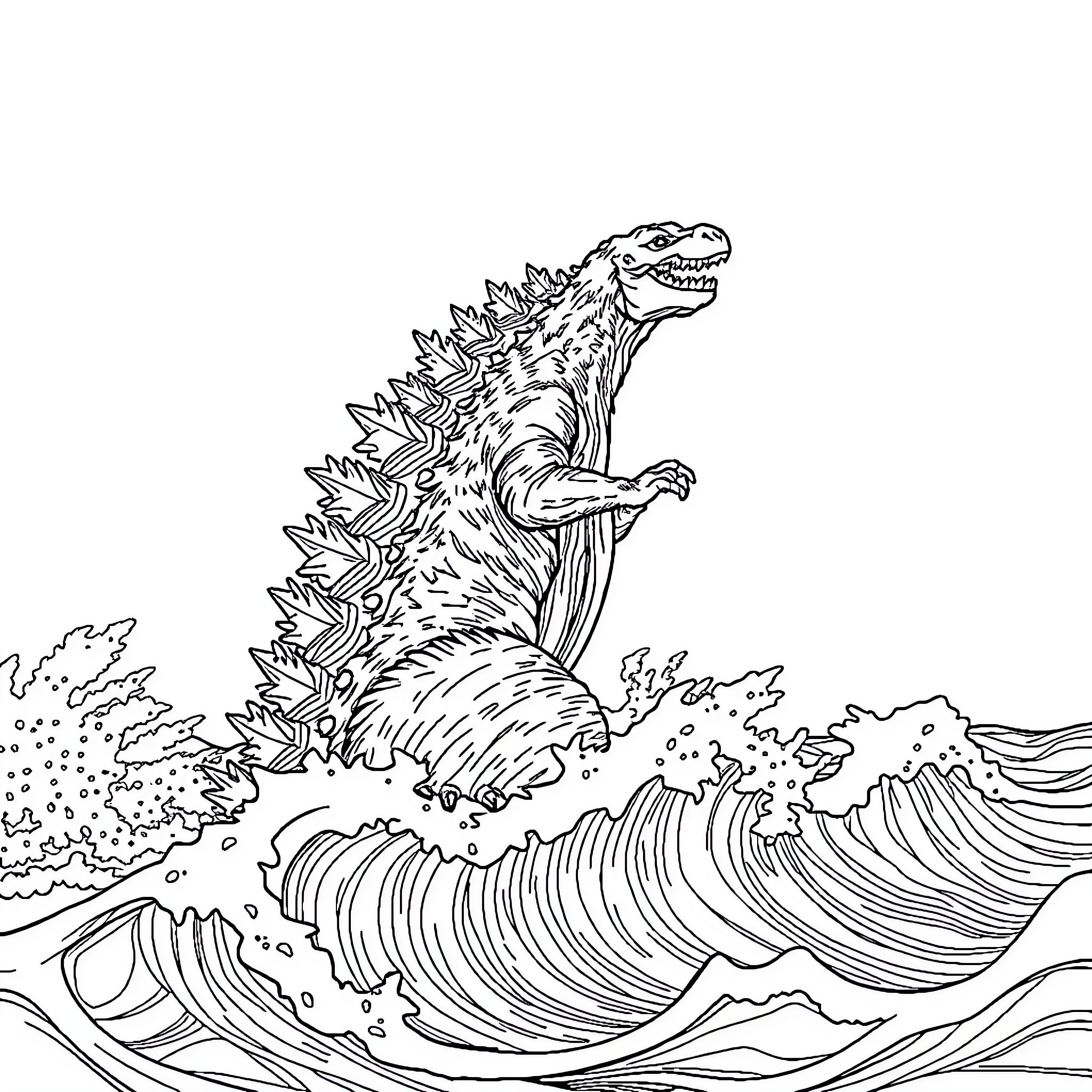 Godzilla rampaging through towering waves Coloring Page (free black-and-white line drawing printable PDF for all, from beginners to advanced learners, including children, teens, adults, and seniors)