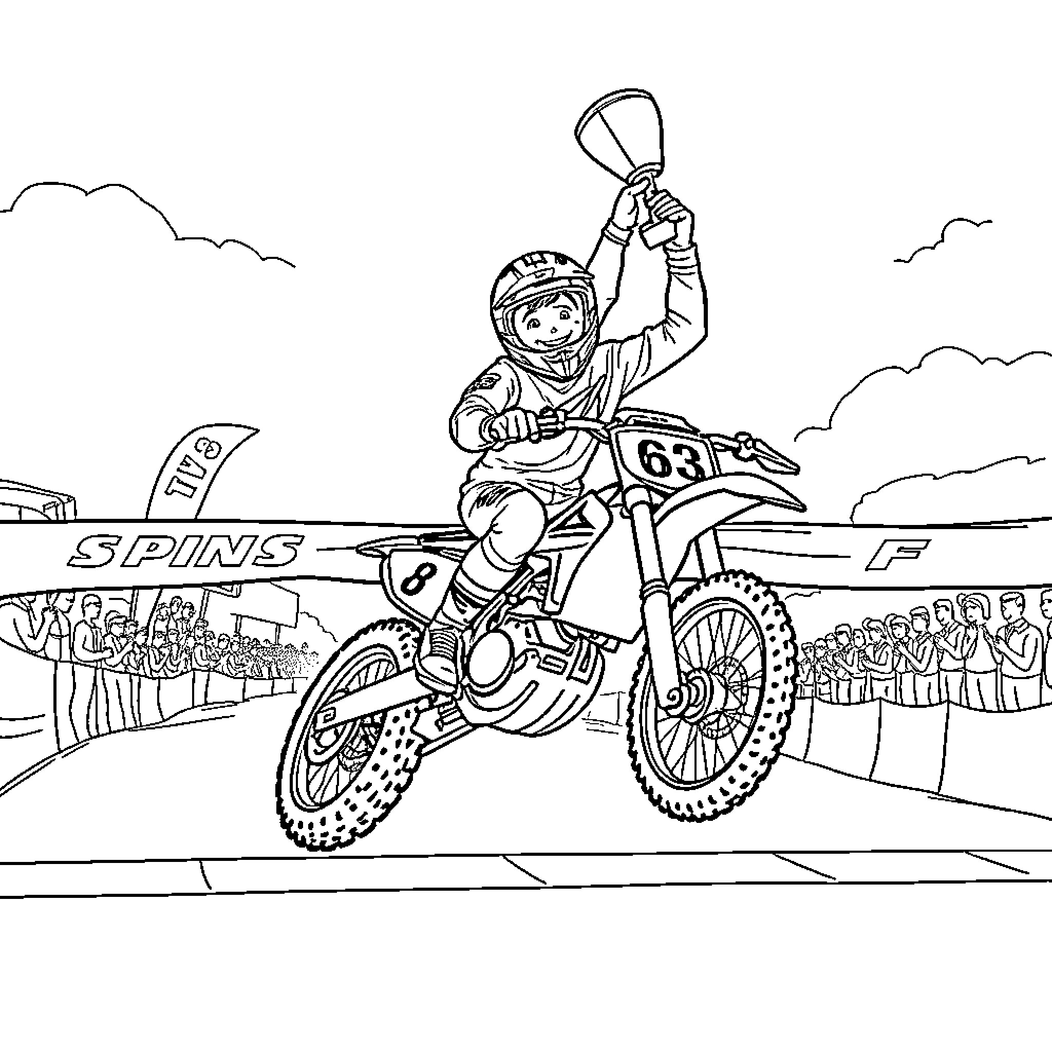 Haiden Deegan competing in a motocross race Coloring Page (free black-and-white line drawing printable PDF for all, from beginners to advanced learners, including children, teens, adults, and seniors)