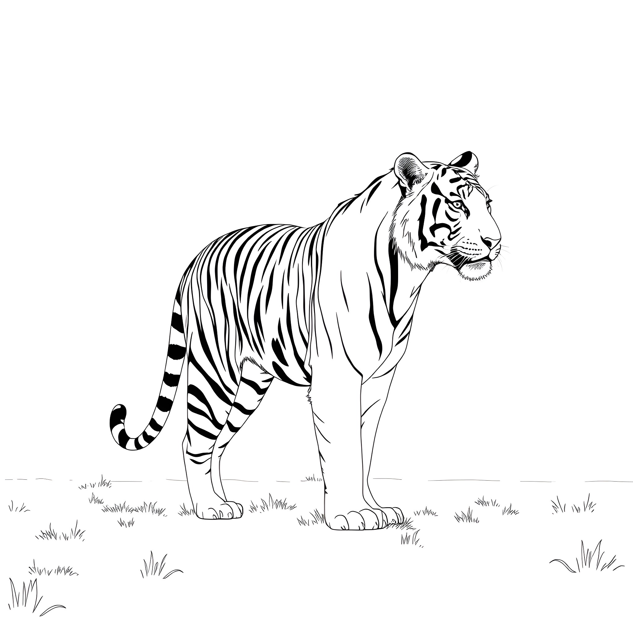 Tiger Standing Tall in the Wilderness Coloring Page (free black-and-white line drawing printable PDF for all, from beginners to advanced learners, including children, teens, adults, and seniors)