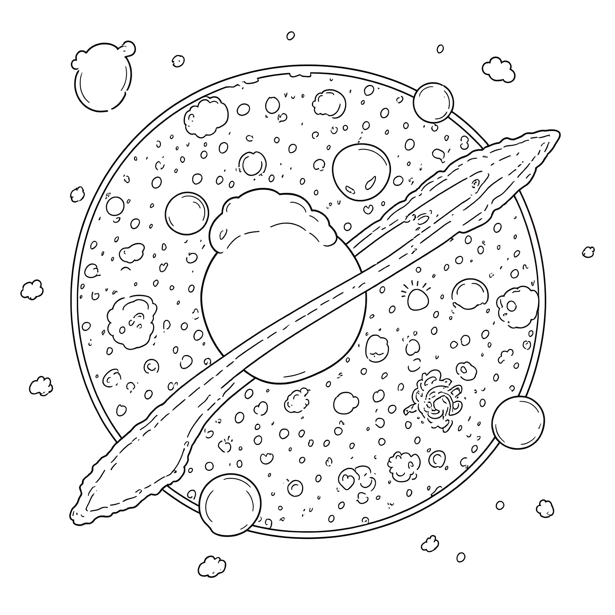 Shape of Space with Celestial Objects Coloring Page (free black-and-white line drawing printable PDF for all, from beginners to advanced learners, including children, teens, adults, and seniors)