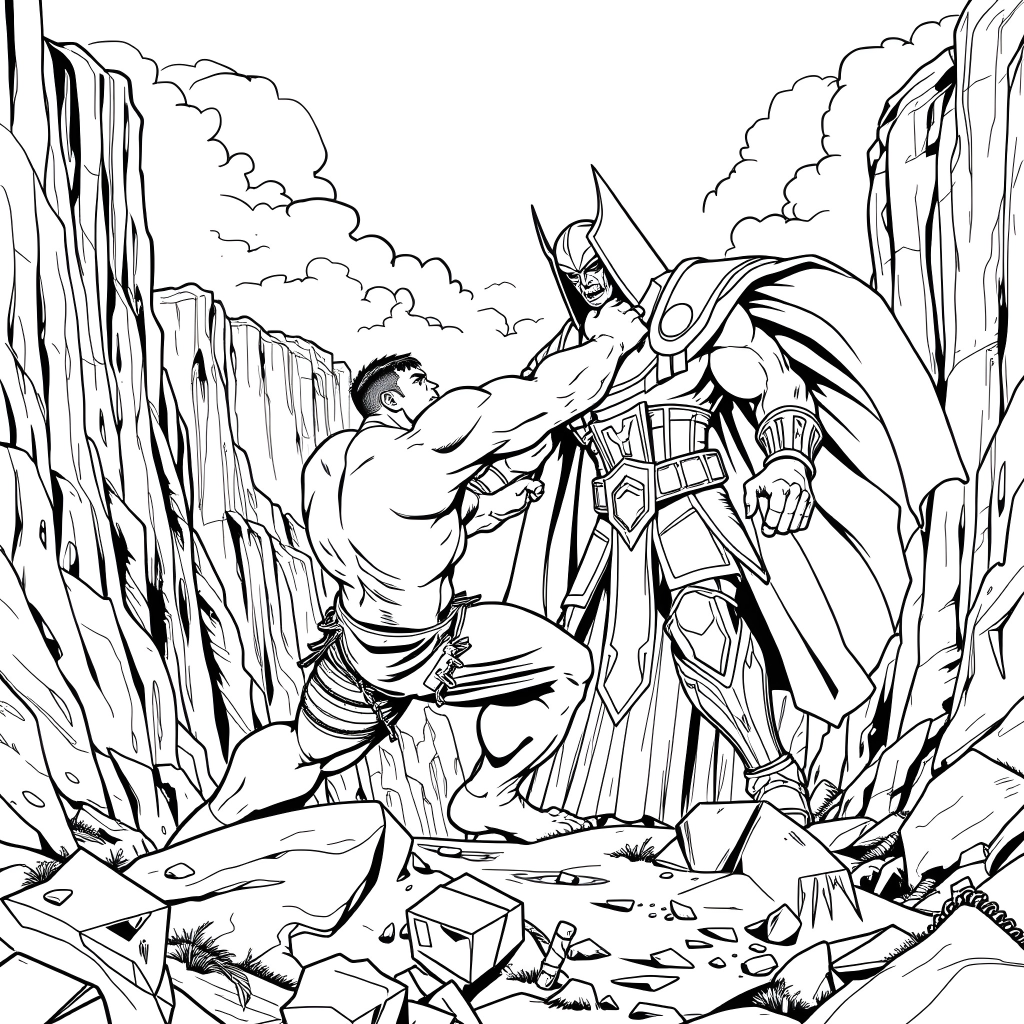 Hulk Confronts Heroic Figure in Dramatic Rocky Landscape Coloring Page (free black-and-white line drawing printable PDF for all, from beginners to advanced learners, including children, teens, adults, and seniors)