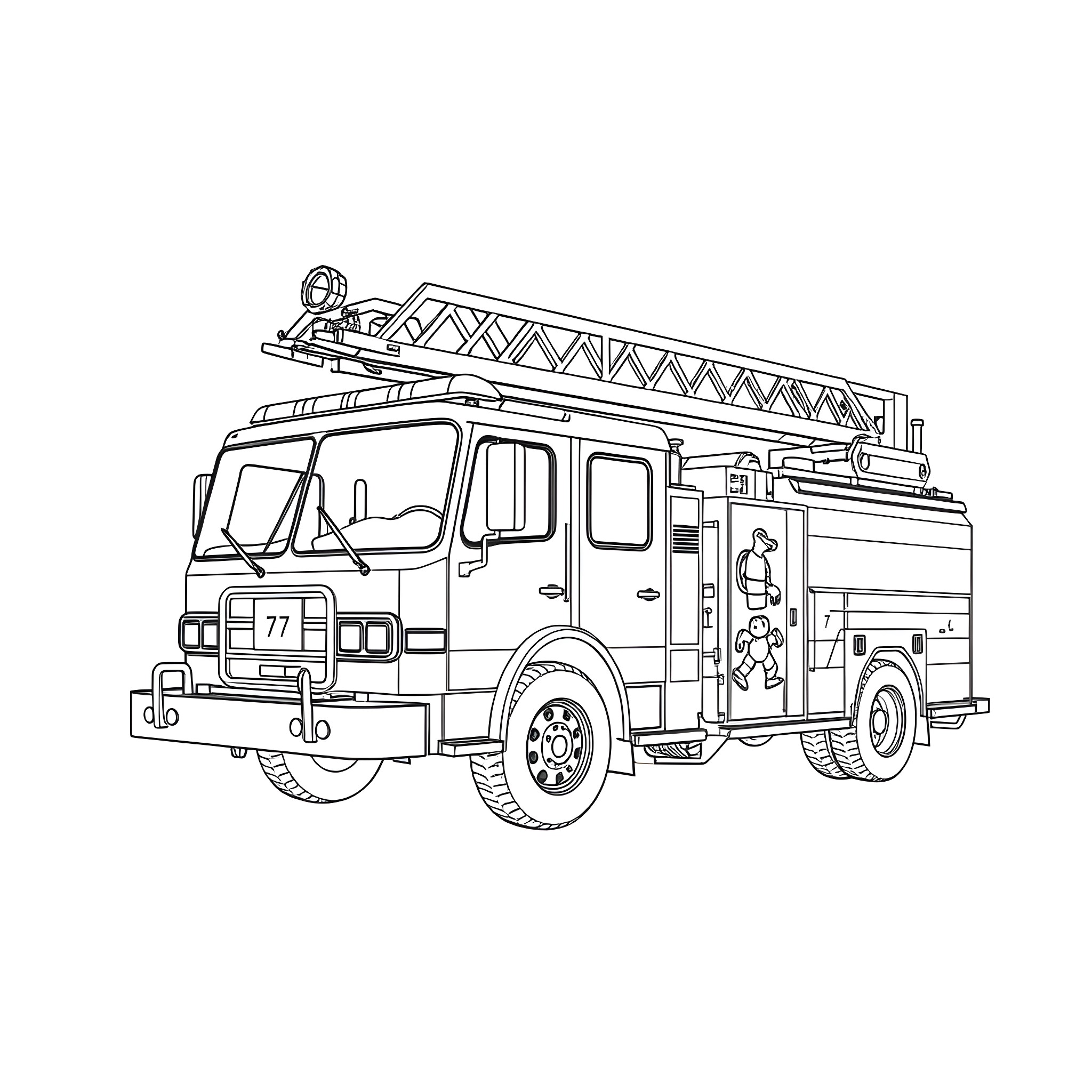 Fire Truck with Firefighter Rescuing People Coloring Page (free black-and-white line drawing printable PDF for all, from beginners to advanced learners, including children, teens, adults, and seniors)