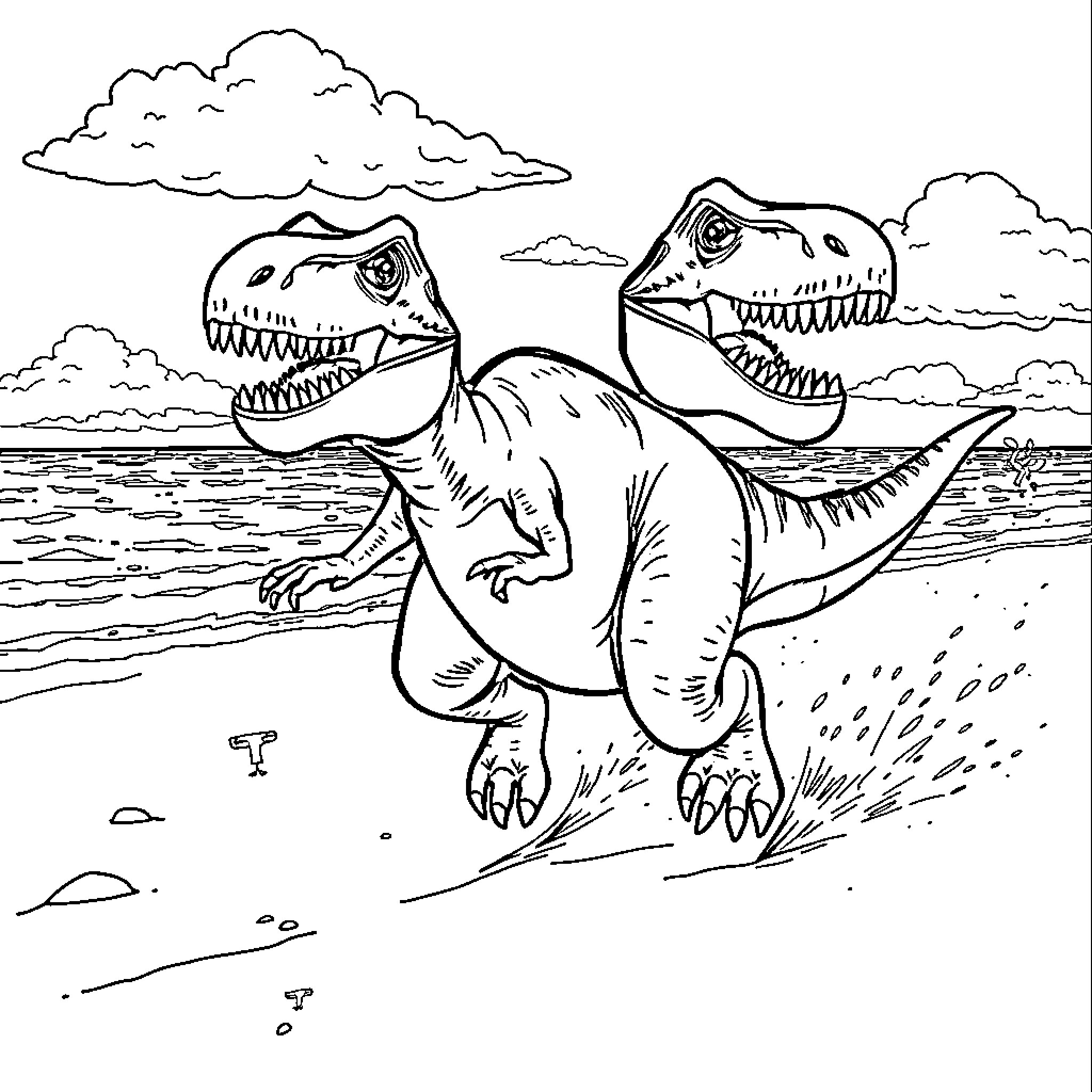 T-Rex Duo Roaming the Prehistoric Landscape Coloring Page (free black-and-white line drawing printable PDF for all, from beginners to advanced learners, including children, teens, adults, and seniors)