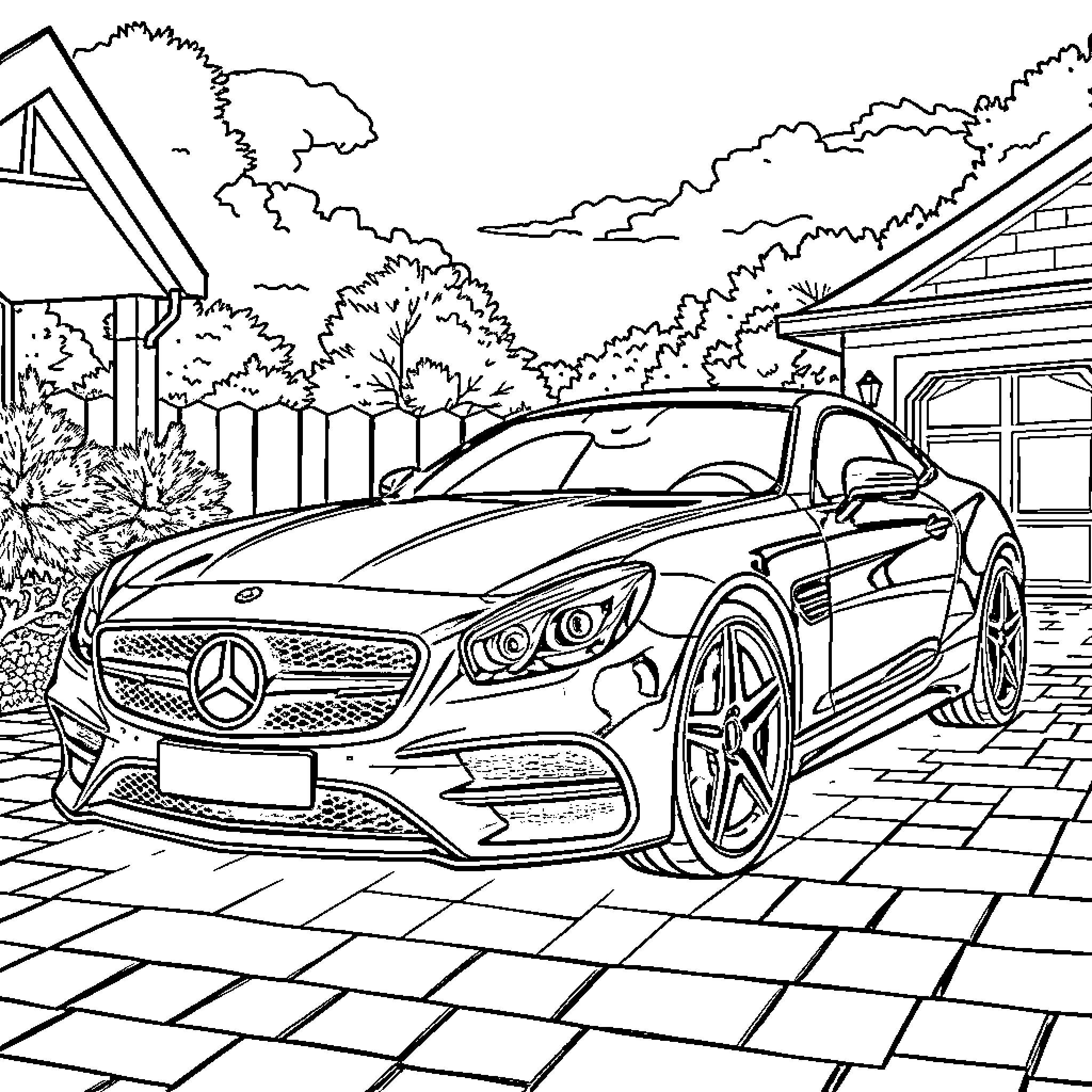Car parked in front of suburban neighborhood Coloring Page (free black-and-white line drawing printable PDF for all, from beginners to advanced learners, including children, teens, adults, and seniors)