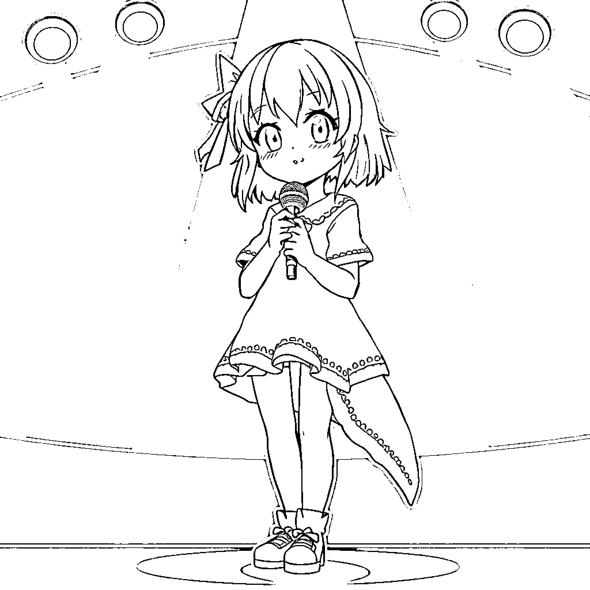 Aqua Hoshino performing on stage with microphone Coloring Page (free black-and-white line drawing printable PDF for all, from beginners to advanced learners, including children, teens, adults, and seniors)