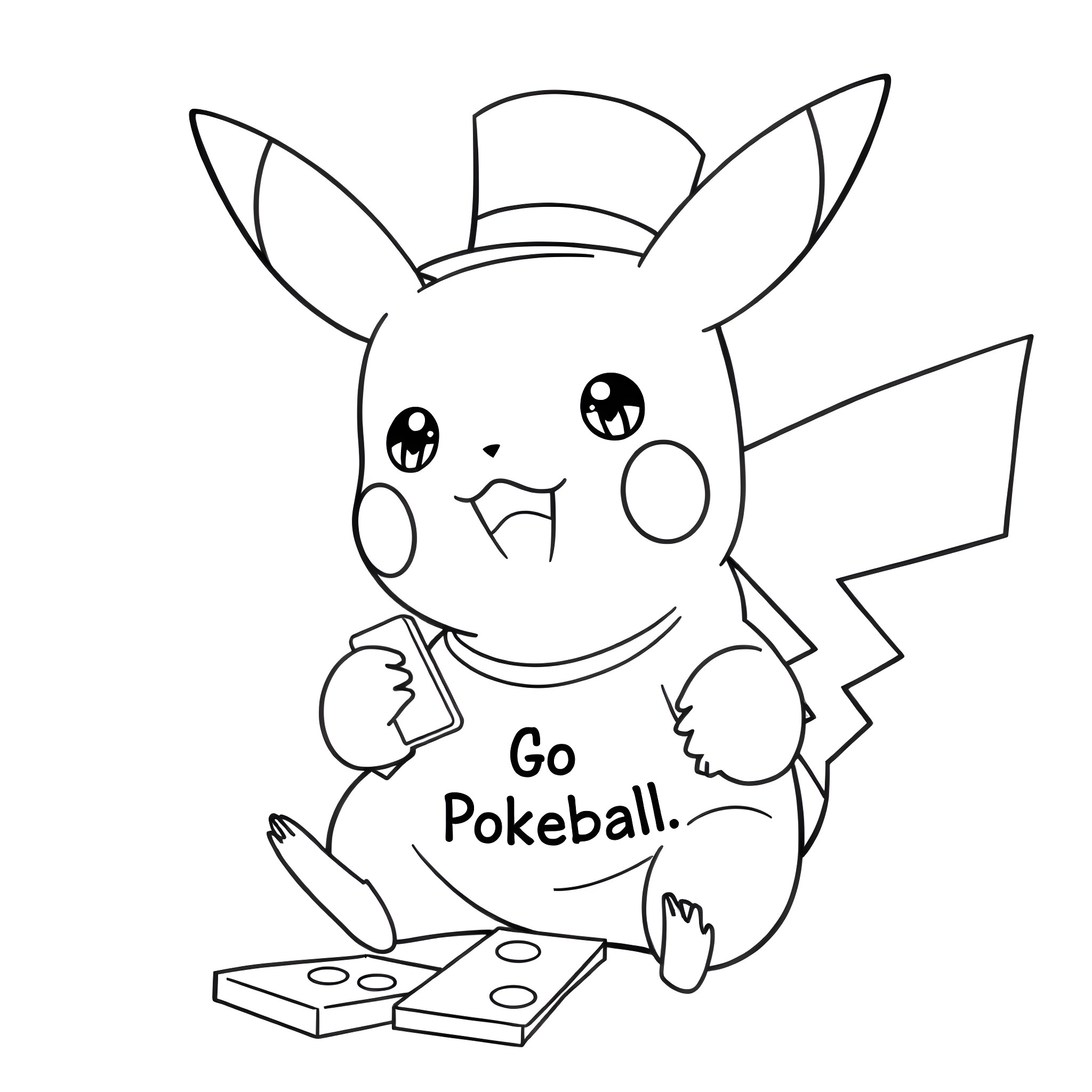 Pikachu playing with Pokeball in cartoon style Coloring Page (free black-and-white line drawing printable PDF for all, from beginners to advanced learners, including children, teens, adults, and seniors)