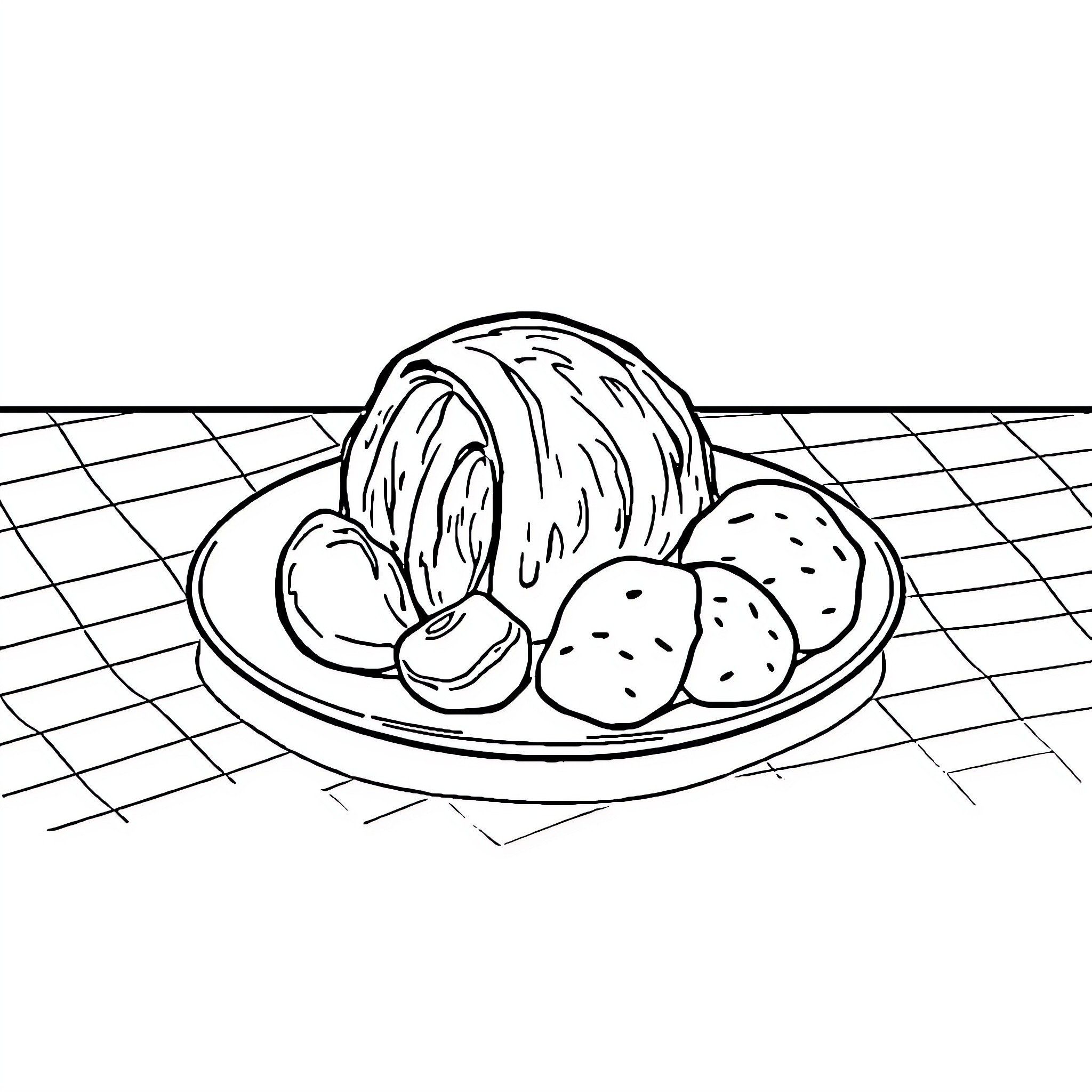 Scottish Food Featuring Hearty Dishes on Platter Coloring Page (free black-and-white line drawing printable PDF for all, from beginners to advanced learners, including children, teens, adults, and seniors)