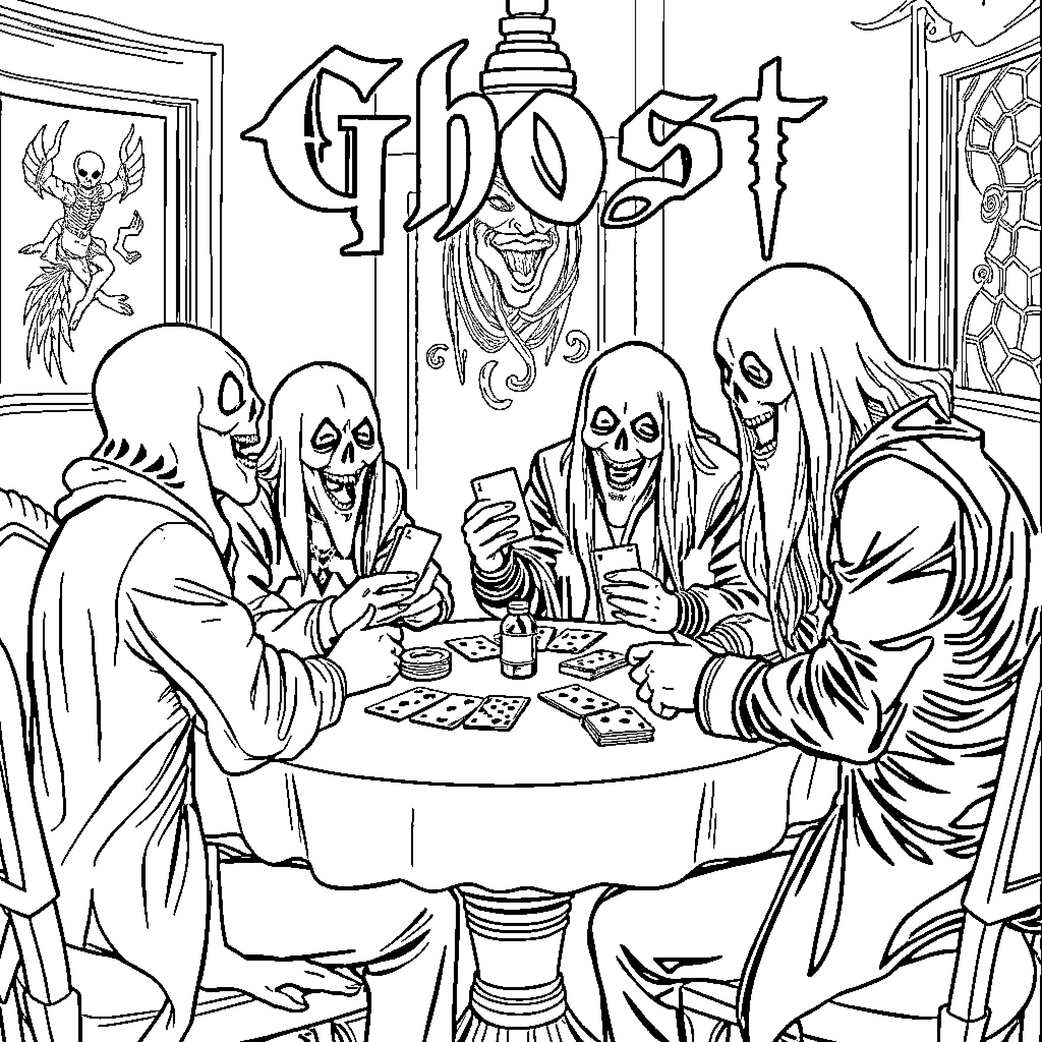 Band of ghostly figures playing cards Coloring Page (free black-and-white line drawing printable PDF for all, from beginners to advanced learners, including children, teens, adults, and seniors)