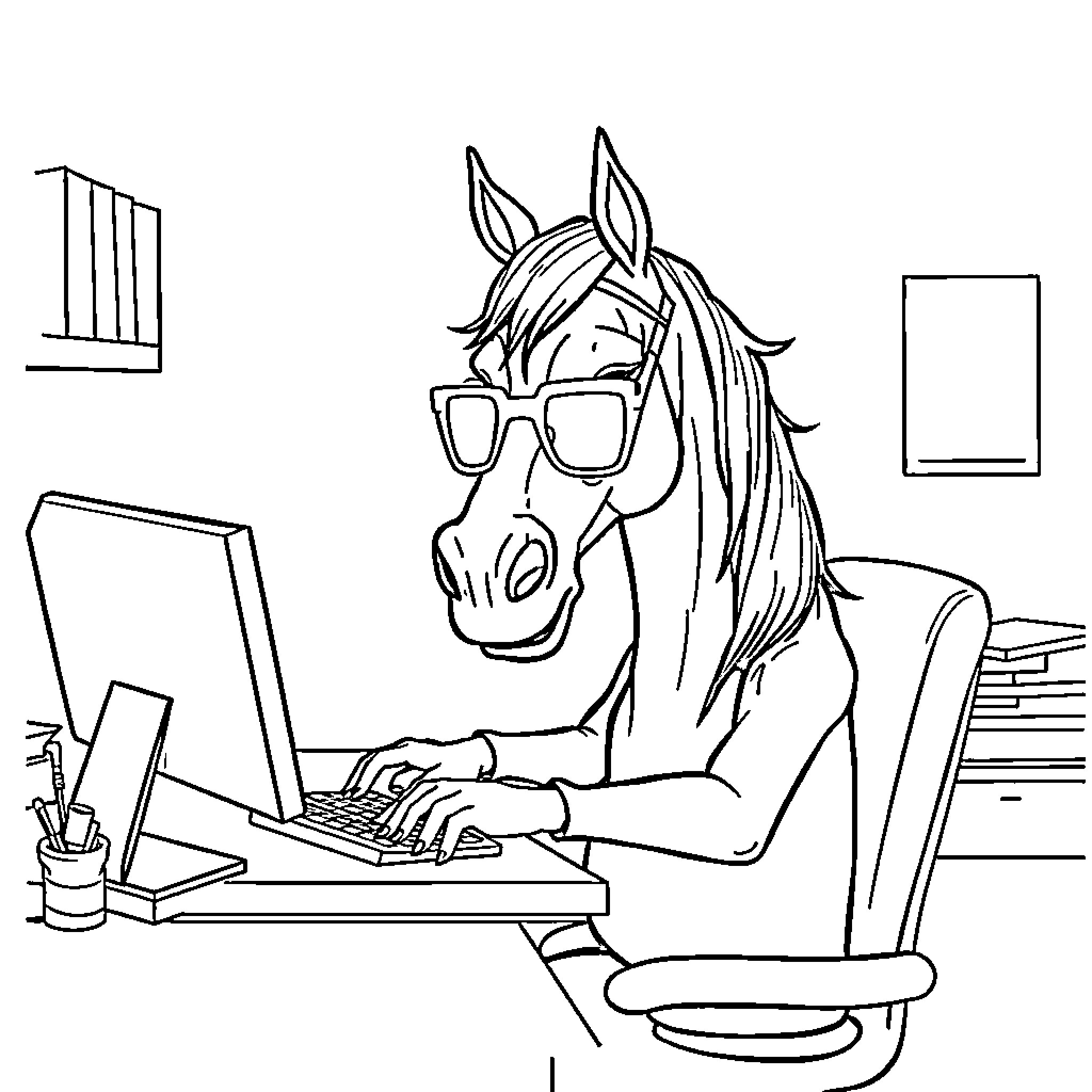 Horse working diligently at computer in office setting Coloring Page (free black-and-white line drawing printable PDF for all, from beginners to advanced learners, including children, teens, adults, and seniors)