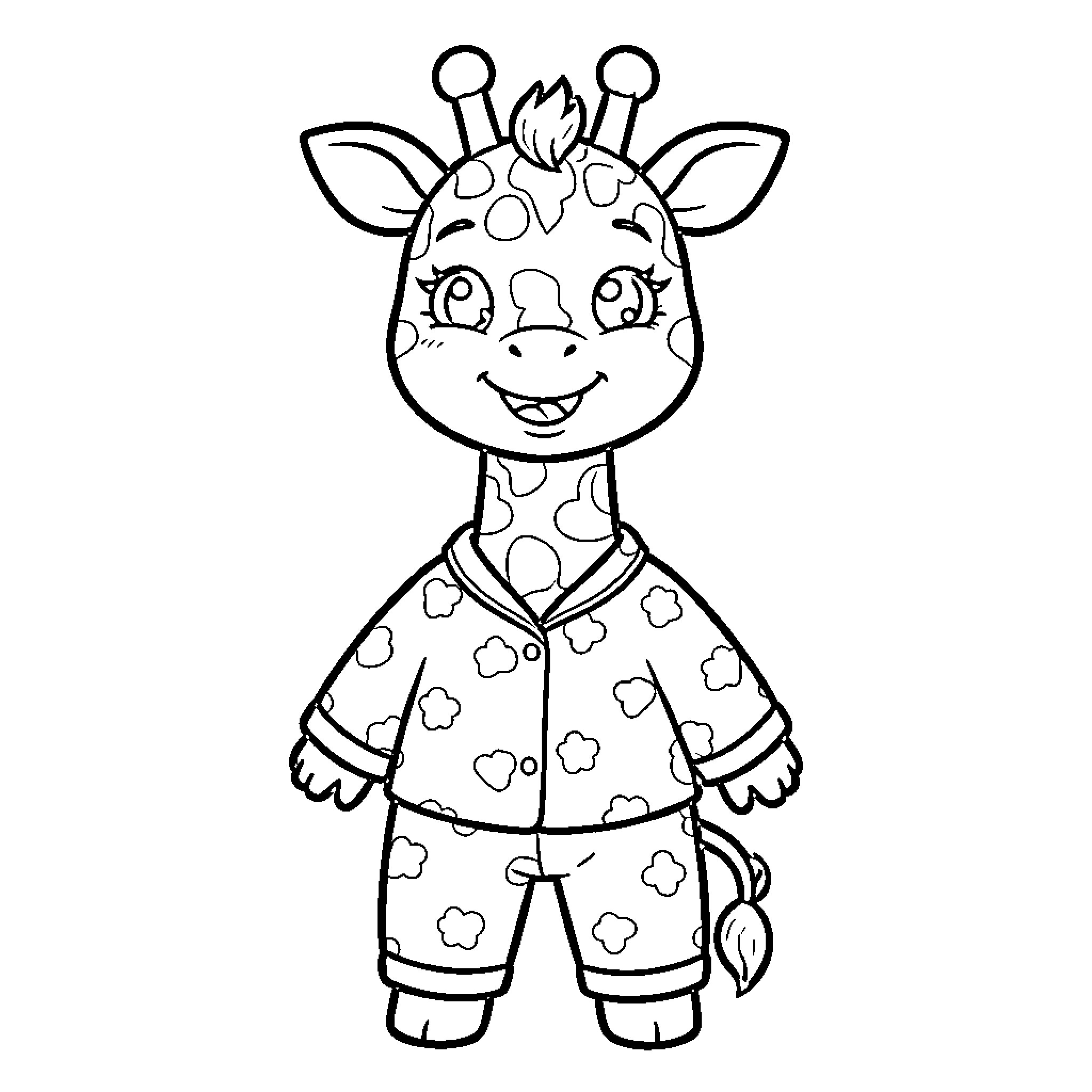 Giraffe wearing cute patterned pajamas and smiling Coloring Page (free black-and-white line drawing printable PDF for all, from beginners to advanced learners, including children, teens, adults, and seniors)