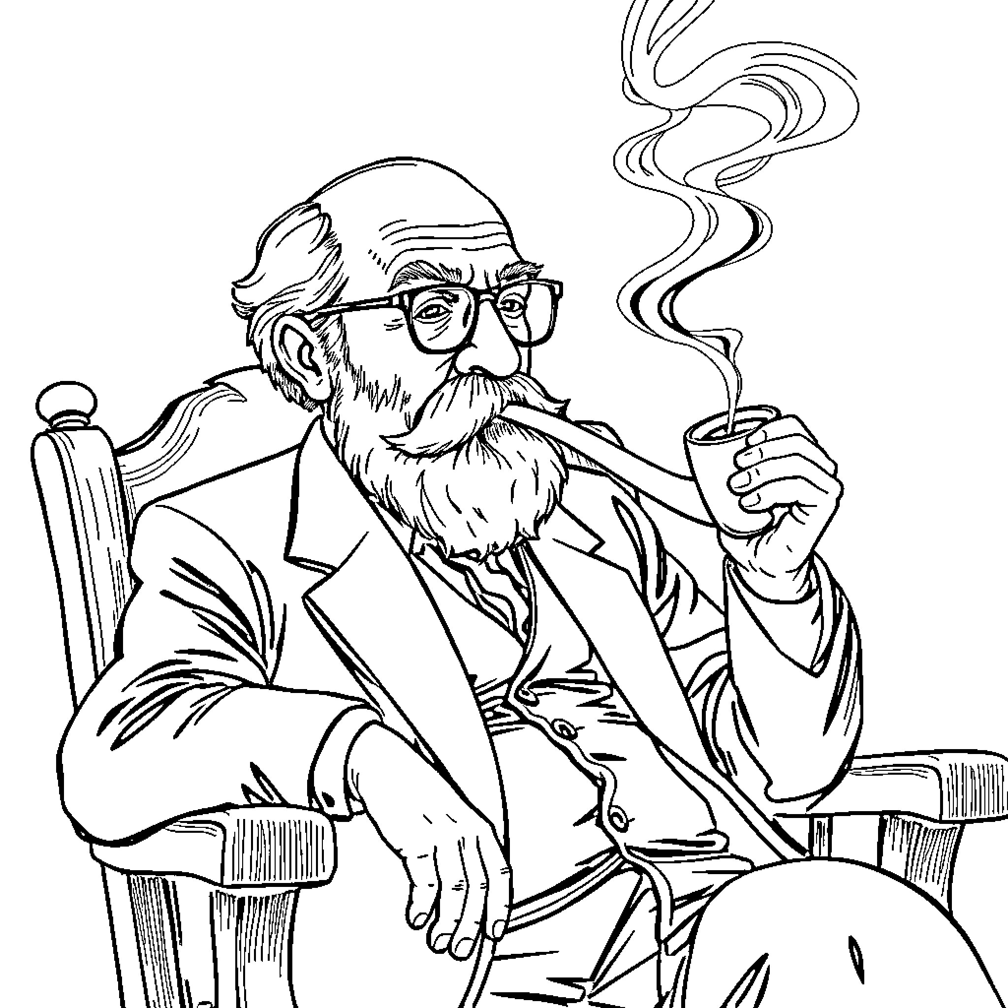 Sigmund Freud relaxing and smoking pipe Coloring Page (free black-and-white line drawing printable PDF for all, from beginners to advanced learners, including children, teens, adults, and seniors)