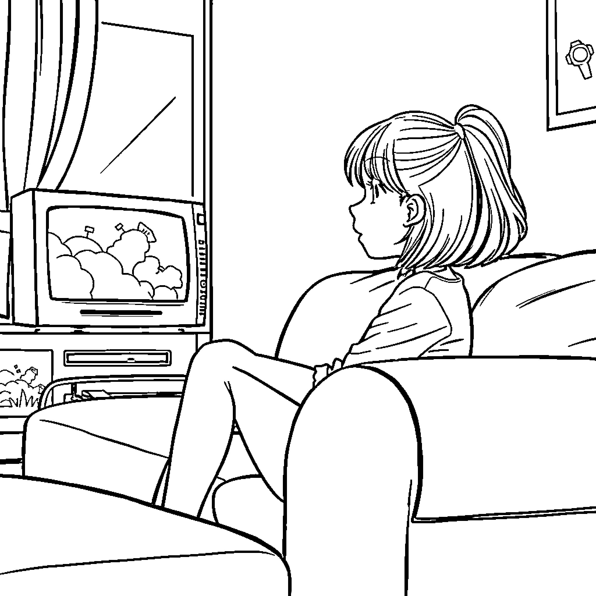 Girl enjoying the view from her bedroom window Coloring Page (free black-and-white line drawing printable PDF for all, from beginners to advanced learners, including children, teens, adults, and seniors)