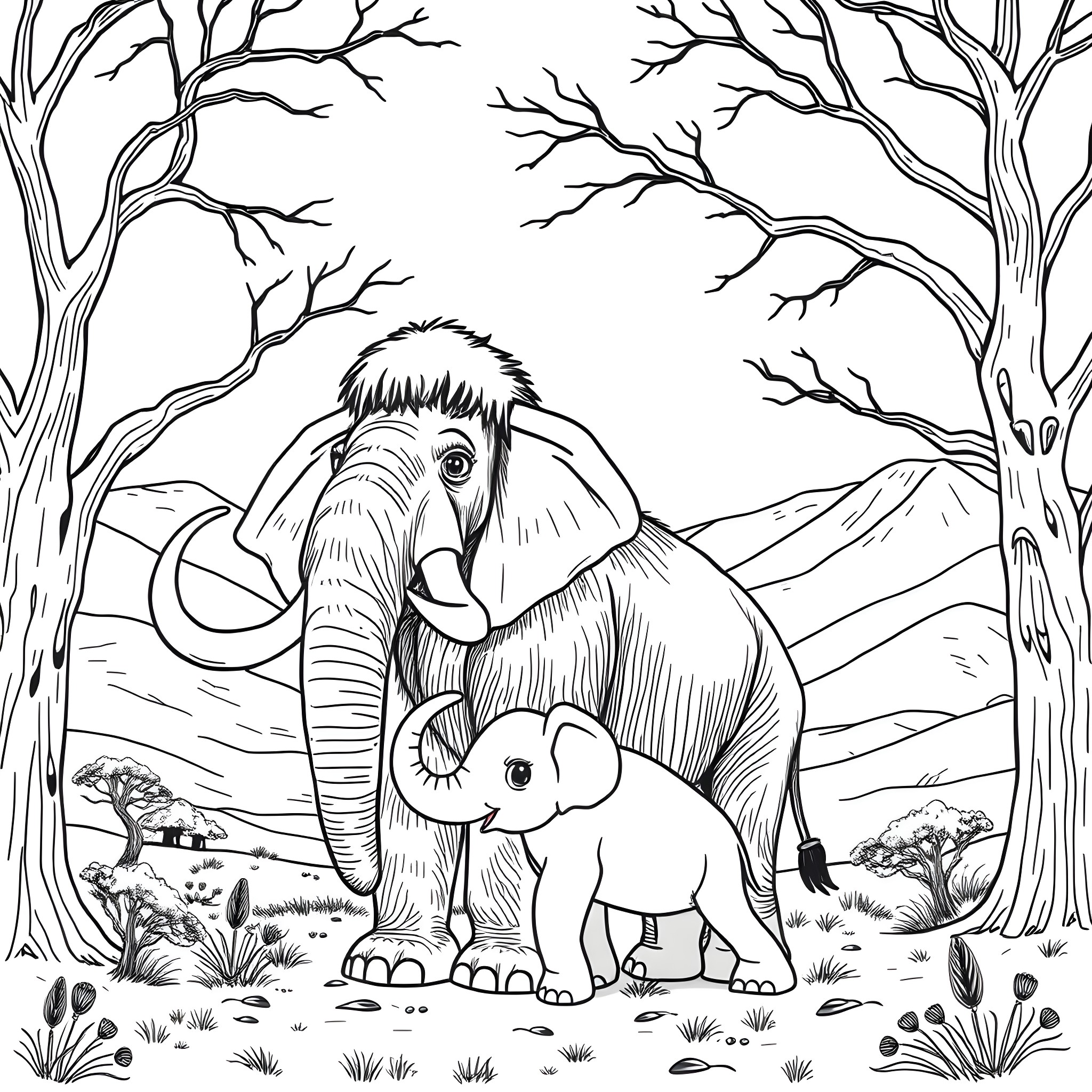 Woolly Mammoths in a Wintry Landscape Coloring Page (free black-and-white line drawing printable PDF for all, from beginners to advanced learners, including children, teens, adults, and seniors)