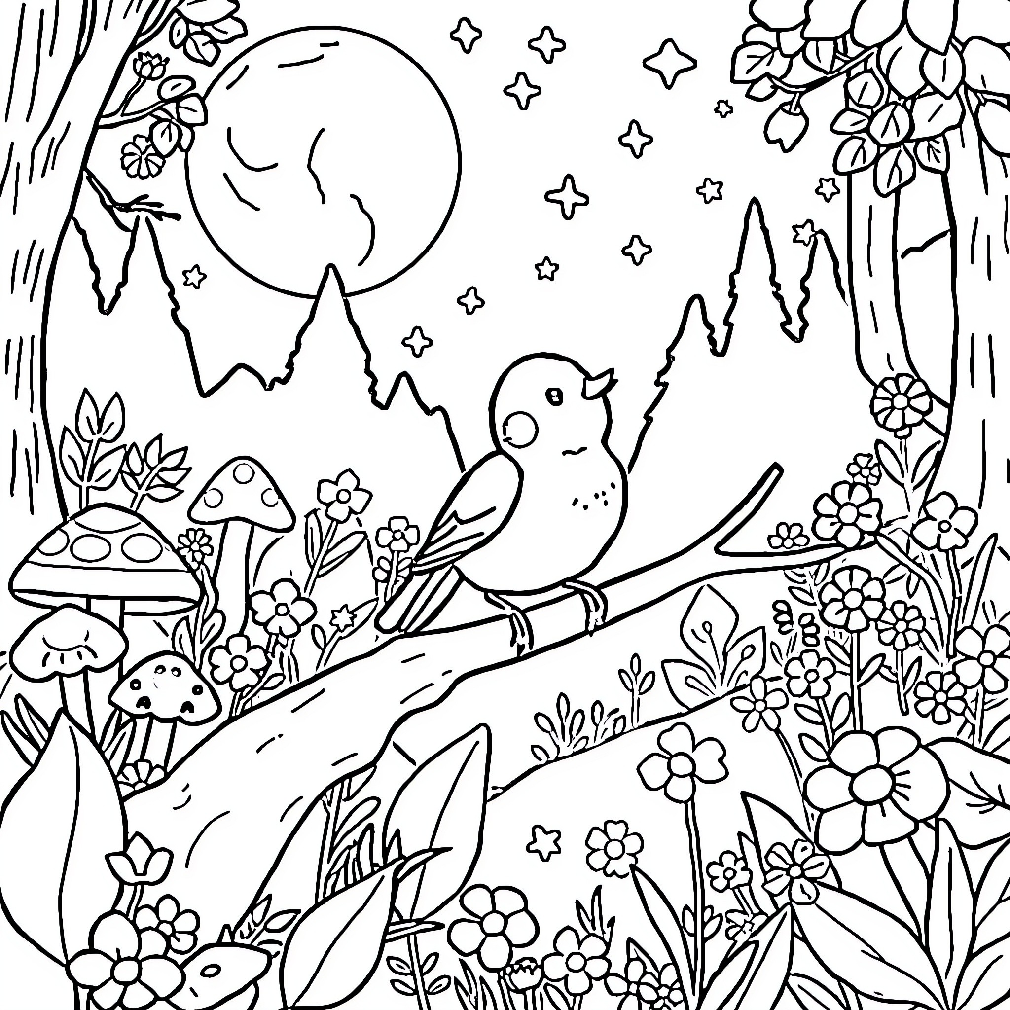 Bird resting in magical forest landscape Coloring Page (free black-and-white line drawing printable PDF for all, from beginners to advanced learners, including children, teens, adults, and seniors)