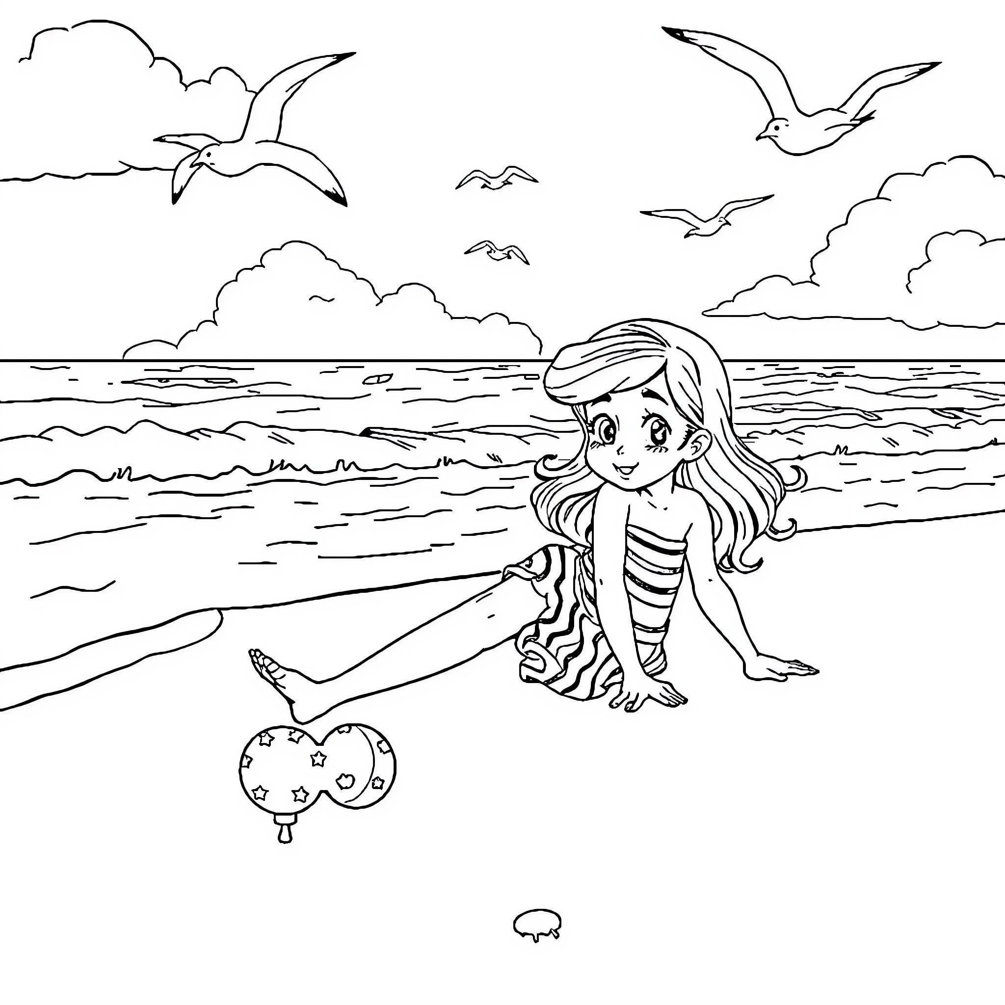 Daphne playing on the beach with seagulls Coloring Page (free black-and-white line drawing printable PDF for all, from beginners to advanced learners, including children, teens, adults, and seniors)