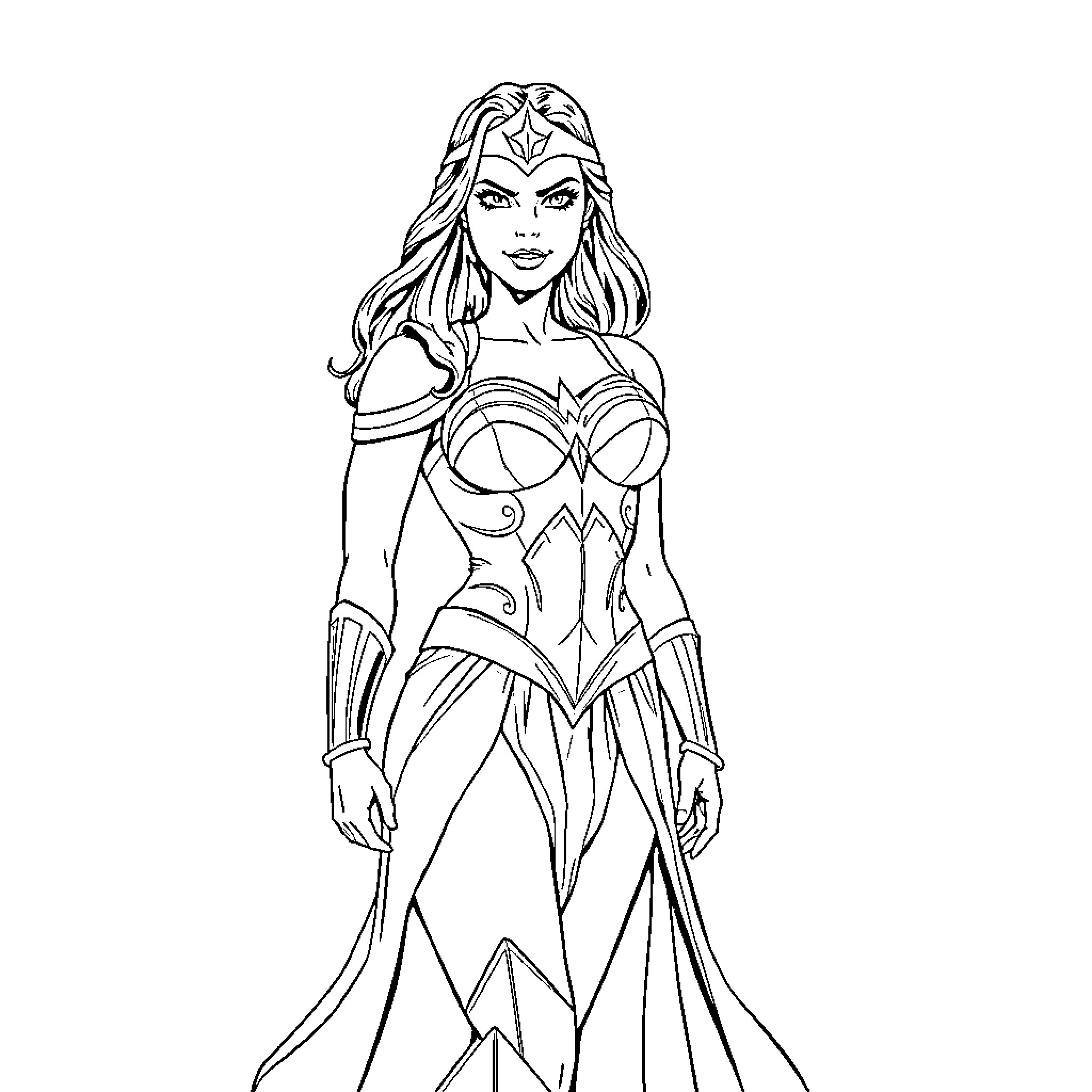 Wonder Woman in heroic stance with regal attire Coloring Page (free black-and-white line drawing printable PDF for all, from beginners to advanced learners, including children, teens, adults, and seniors)