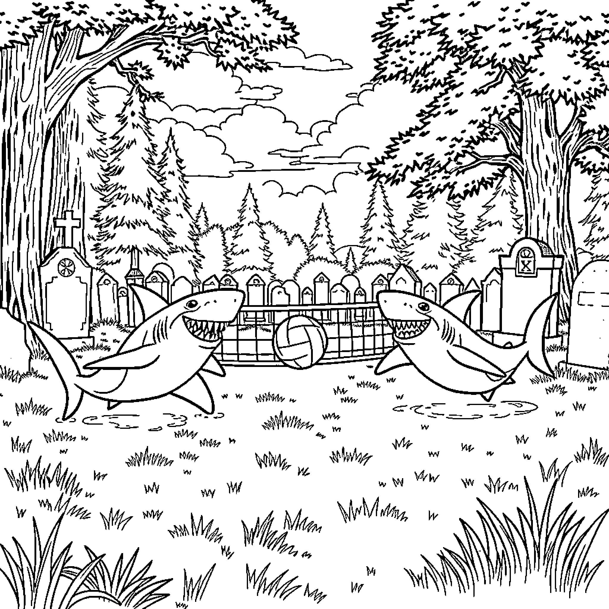 Shark playing in the enchanted forest Coloring Page (free black-and-white line drawing printable PDF for all, from beginners to advanced learners, including children, teens, adults, and seniors)