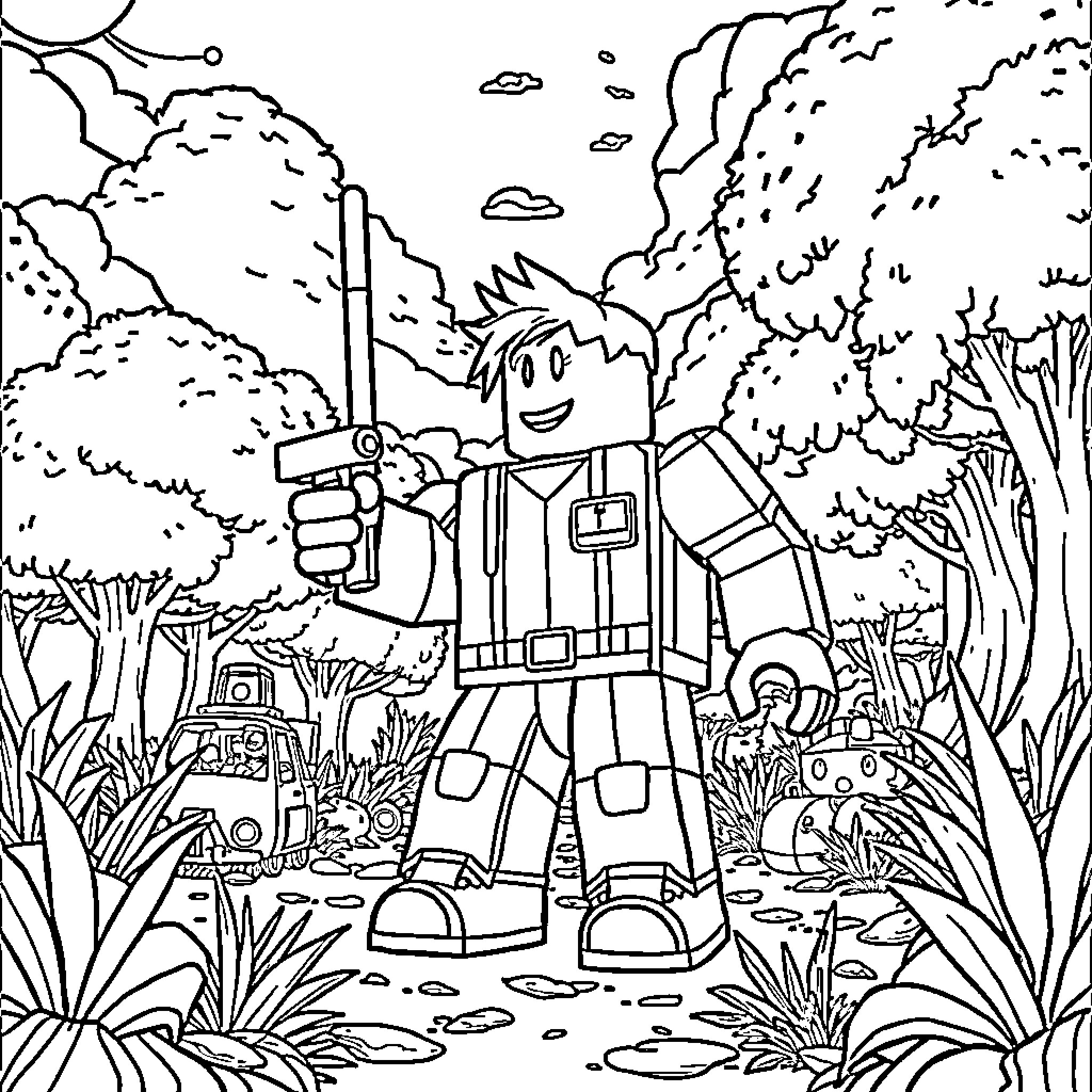 Roblox Character Exploring the Wilderness Coloring Page (free black-and-white line drawing printable PDF for all, from beginners to advanced learners, including children, teens, adults, and seniors)