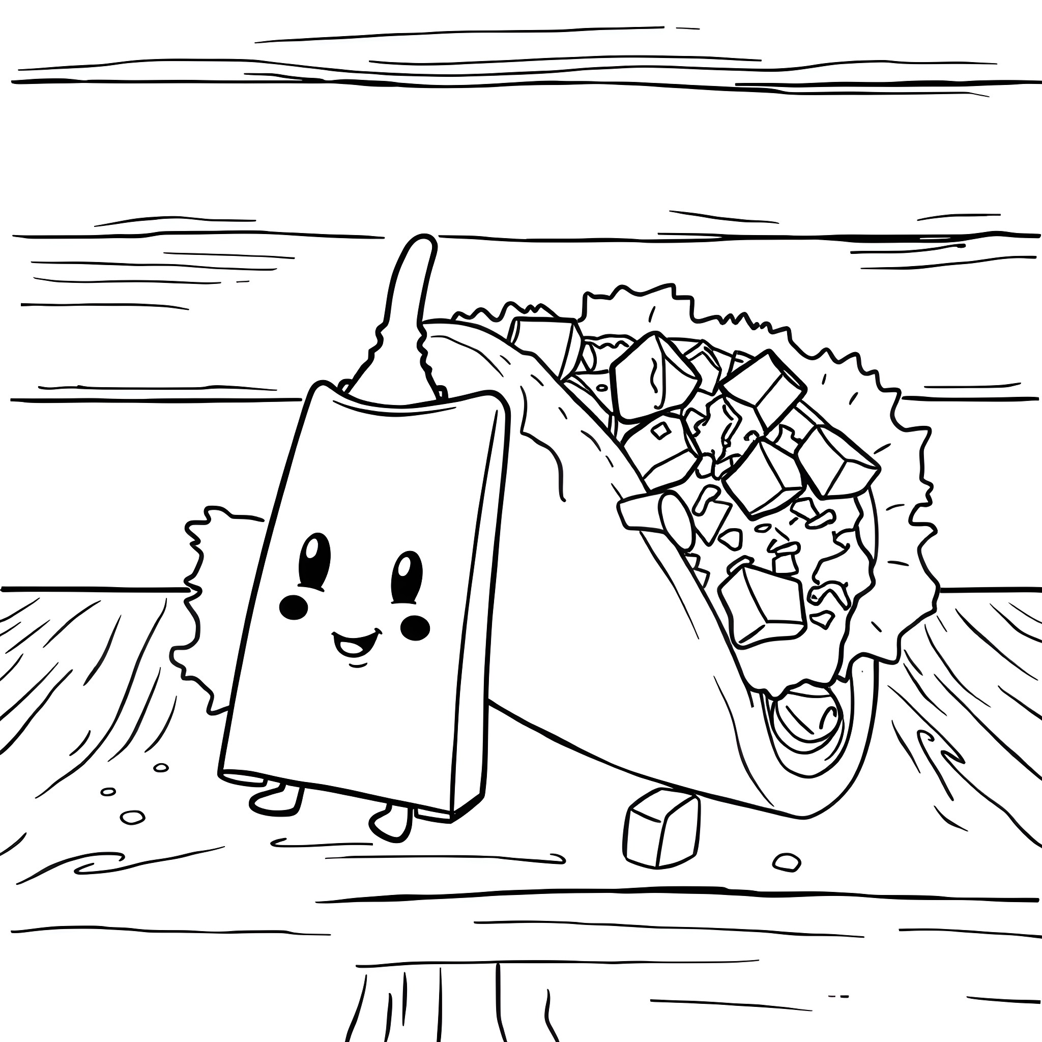 Taco adventure in the desert landscape Coloring Page (free black-and-white line drawing printable PDF for all, from beginners to advanced learners, including children, teens, adults, and seniors)