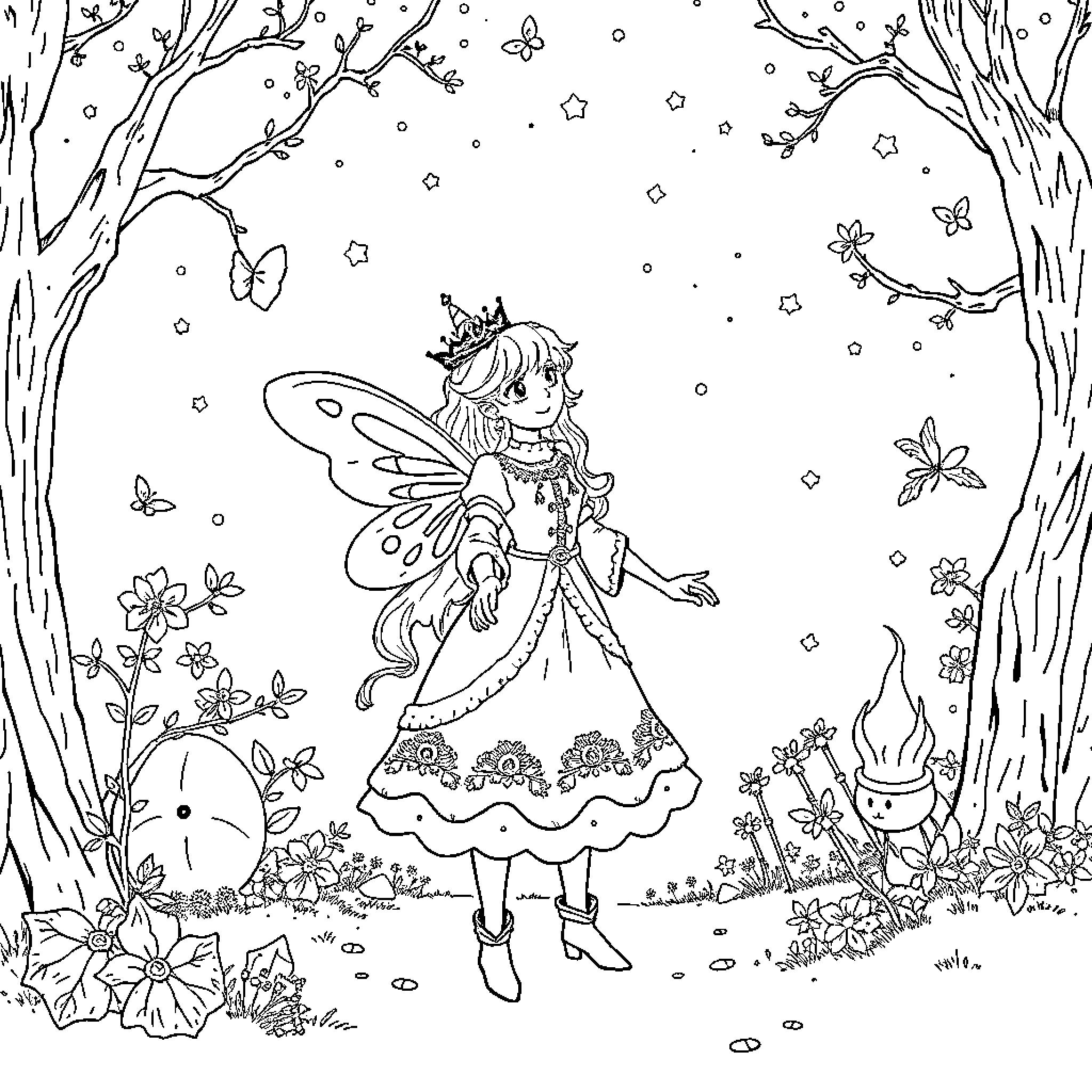 Antonella's Enchanted Forest Adventure Coloring Page (free black-and-white line drawing printable PDF for all, from beginners to advanced learners, including children, teens, adults, and seniors)
