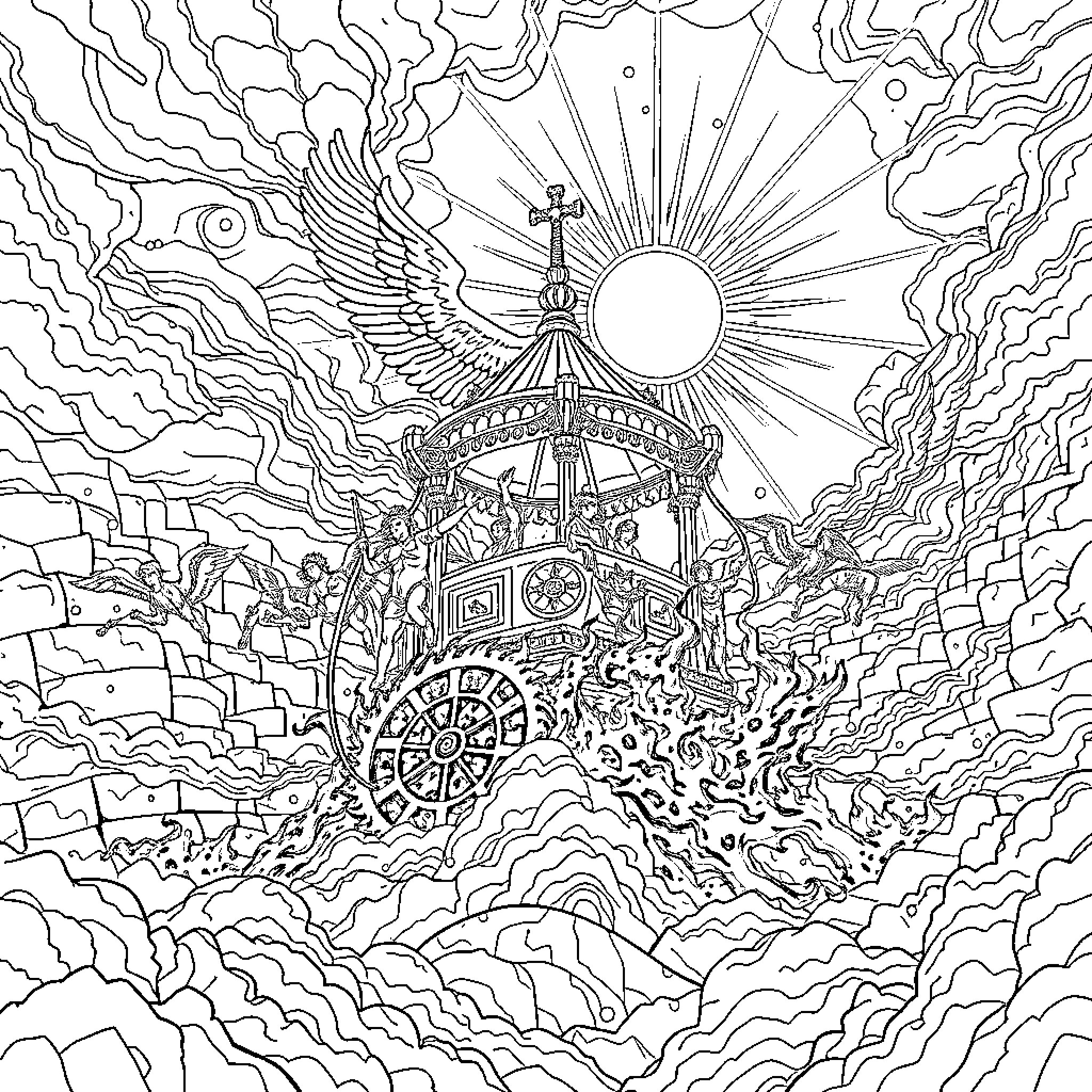 Ezekiel's Celestial Vision of the Sun, Wings and Gears Coloring Page (free black-and-white line drawing printable PDF for all, from beginners to advanced learners, including children, teens, adults, and seniors)