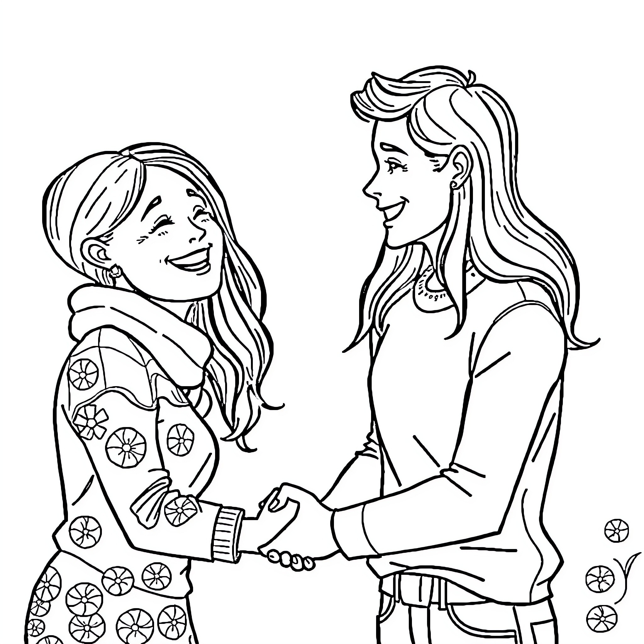 Partner friends greeting each other happily Coloring Page (free black-and-white line drawing printable PDF for all, from beginners to advanced learners, including children, teens, adults, and seniors)