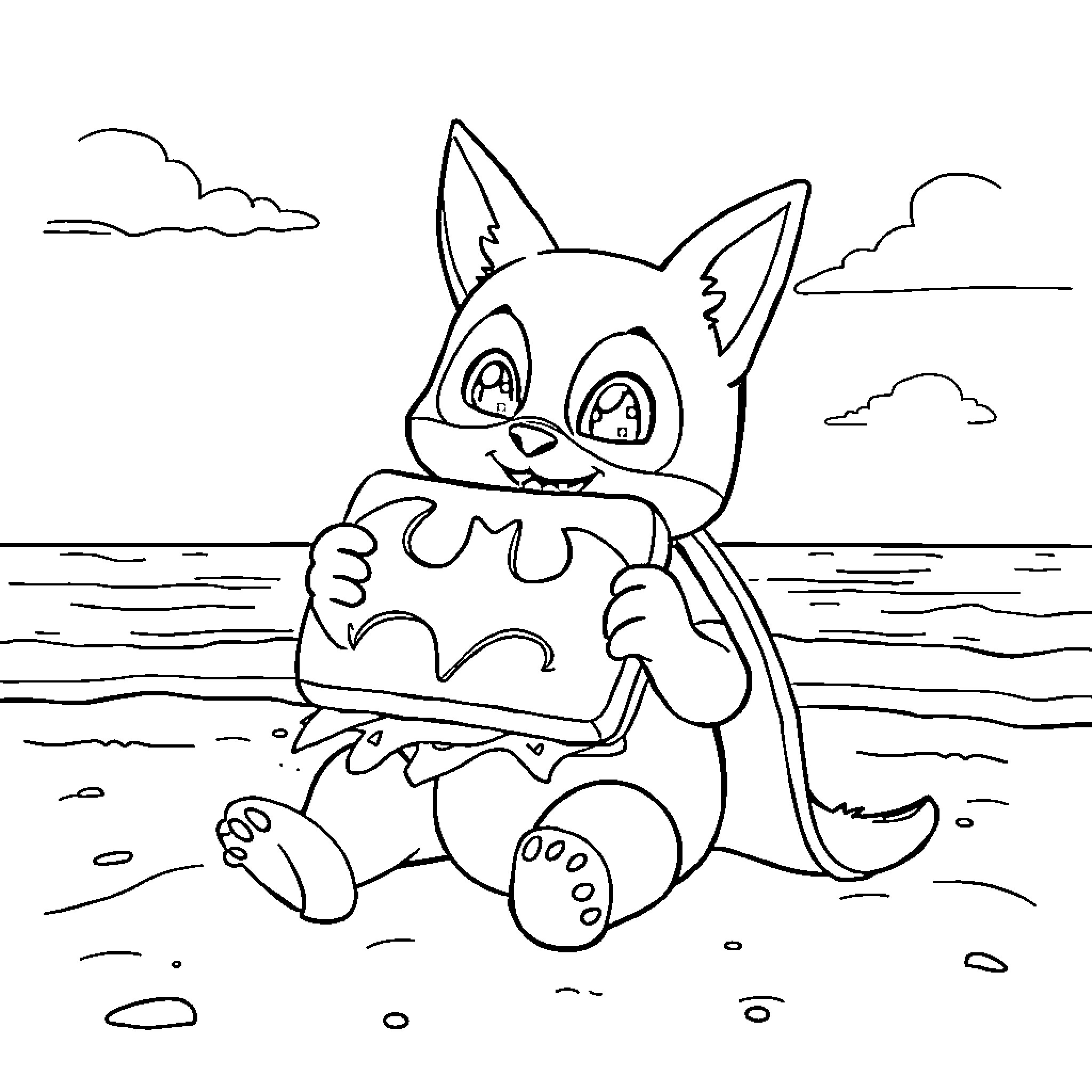 Winnie the Kitty's Beach Adventure Coloring Page (free black-and-white line drawing printable PDF for all, from beginners to advanced learners, including children, teens, adults, and seniors)
