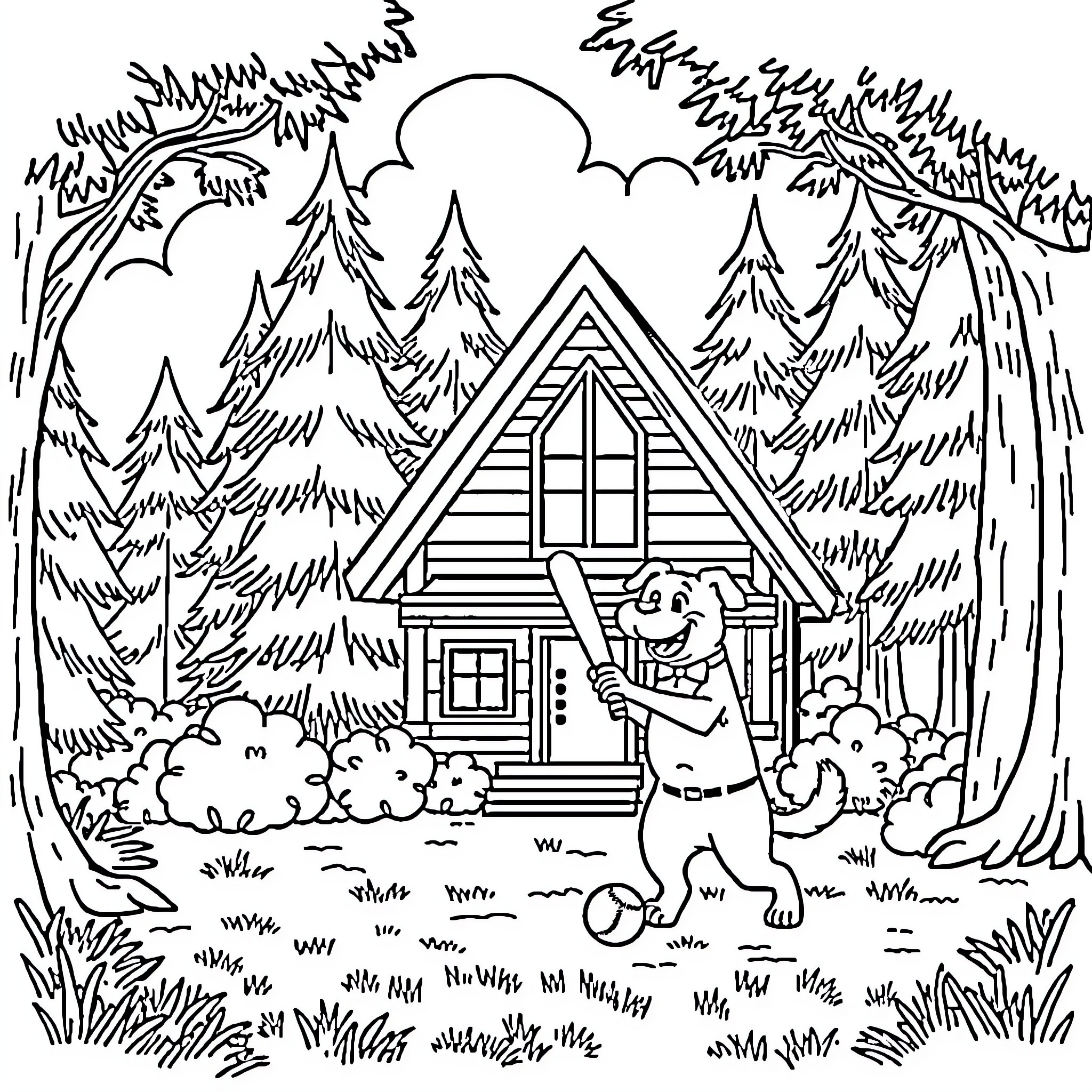 Dog Man exploring the cozy cabin in the forest Coloring Page (free black-and-white line drawing printable PDF for all, from beginners to advanced learners, including children, teens, adults, and seniors)