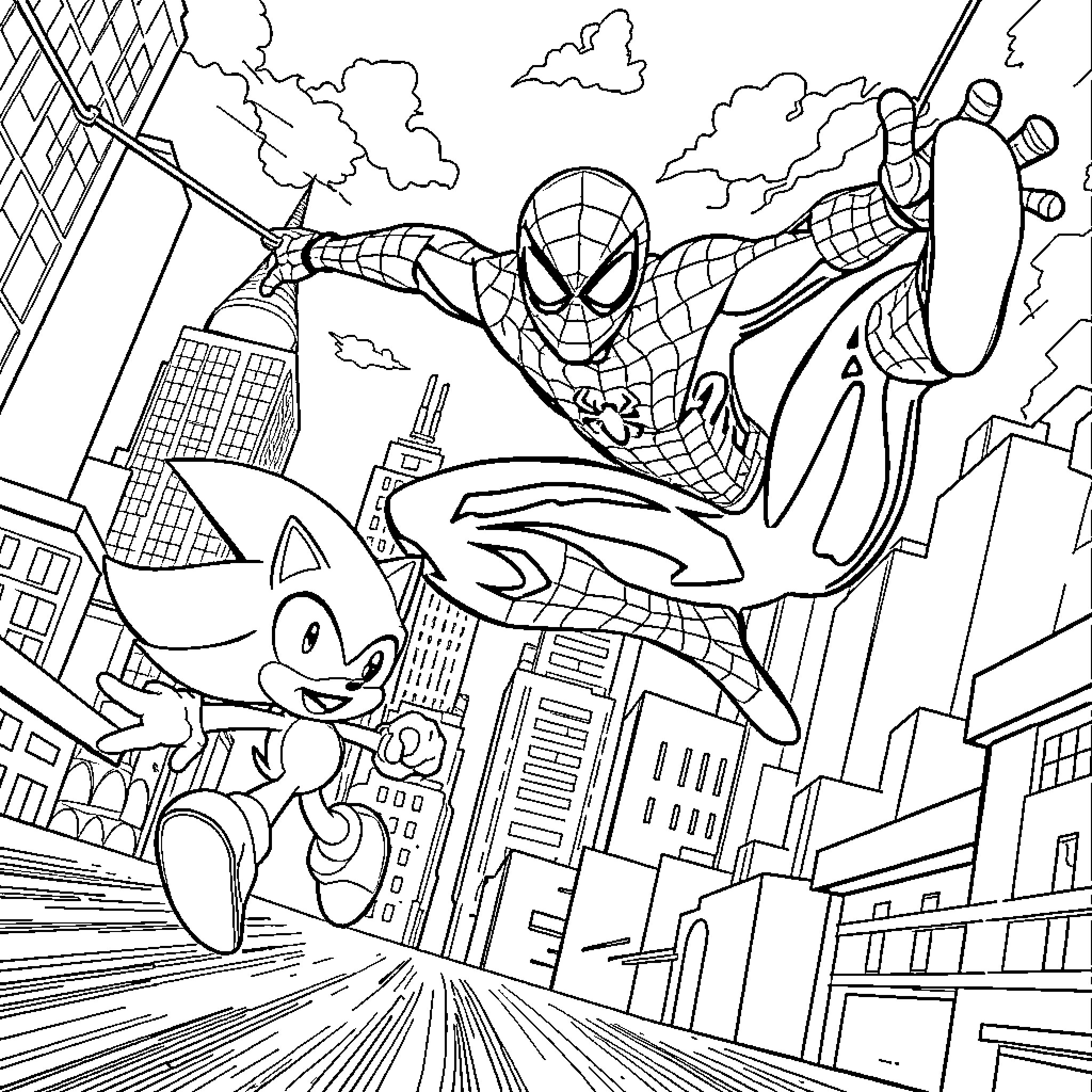 Spiderman swinging through the city with Sonic the Hedgehog Coloring Page (free black-and-white line drawing printable PDF for all, from beginners to advanced learners, including children, teens, adults, and seniors)