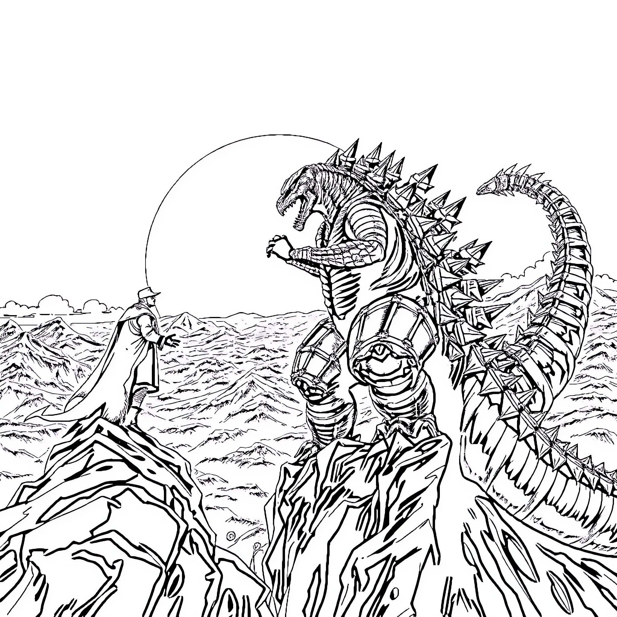 Doom Slayer Battles Colossal Otherworldly Creature Coloring Page (free black-and-white line drawing printable PDF for all, from beginners to advanced learners, including children, teens, adults, and seniors)