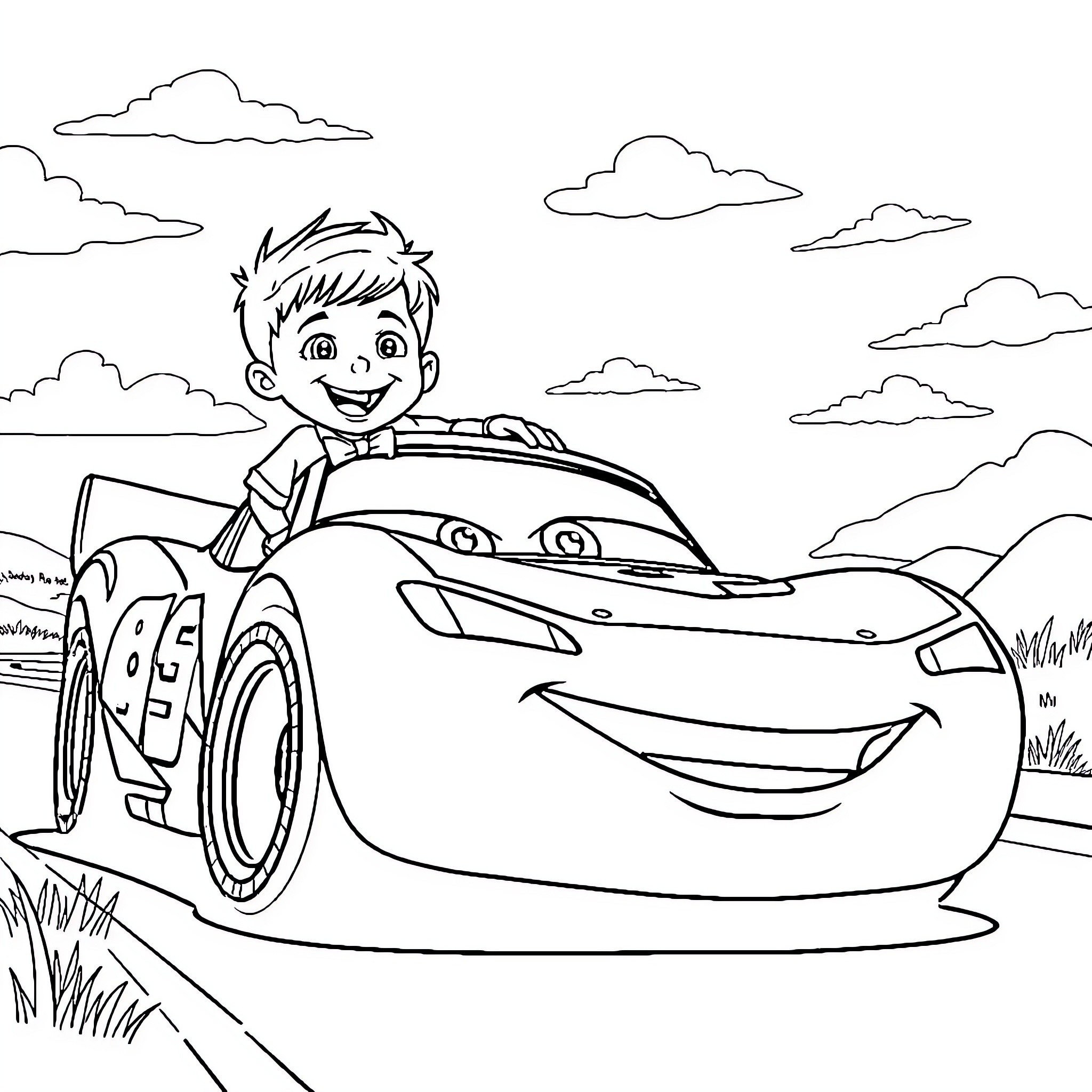 Lightning McQueen and a happy young racer Coloring Page (free black-and-white line drawing printable PDF for all, from beginners to advanced learners, including children, teens, adults, and seniors)