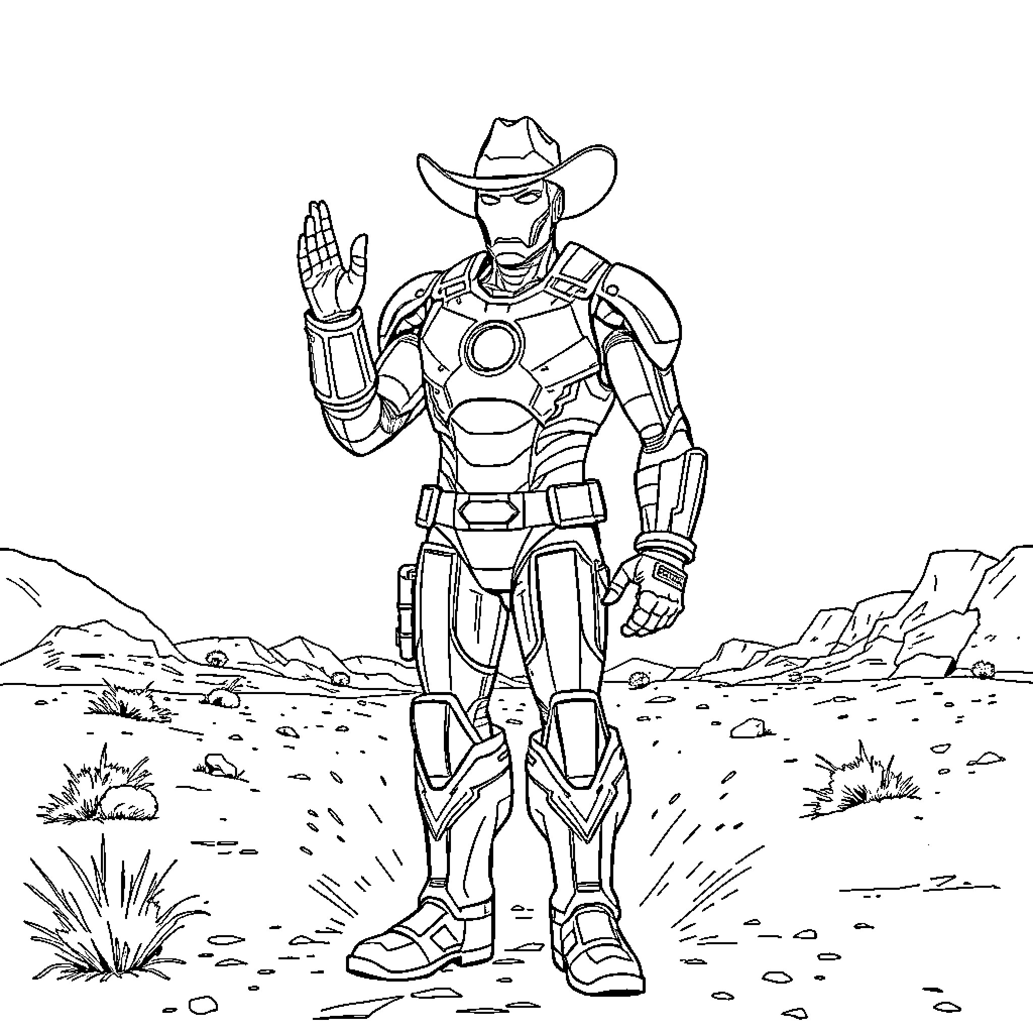 Ironman cowboy stands heroically in the desert Coloring Page (free black-and-white line drawing printable PDF for all, from beginners to advanced learners, including children, teens, adults, and seniors)