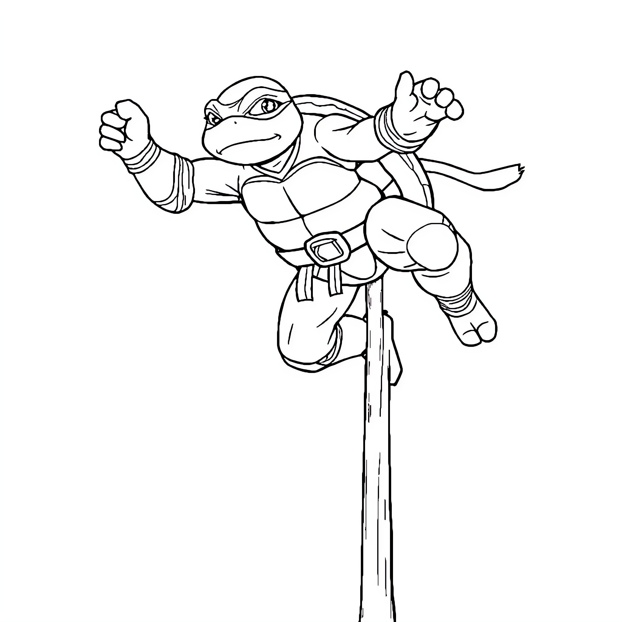 Ninja Turtle jumping with action pose Coloring Page (free black-and-white line drawing printable PDF for all, from beginners to advanced learners, including children, teens, adults, and seniors)