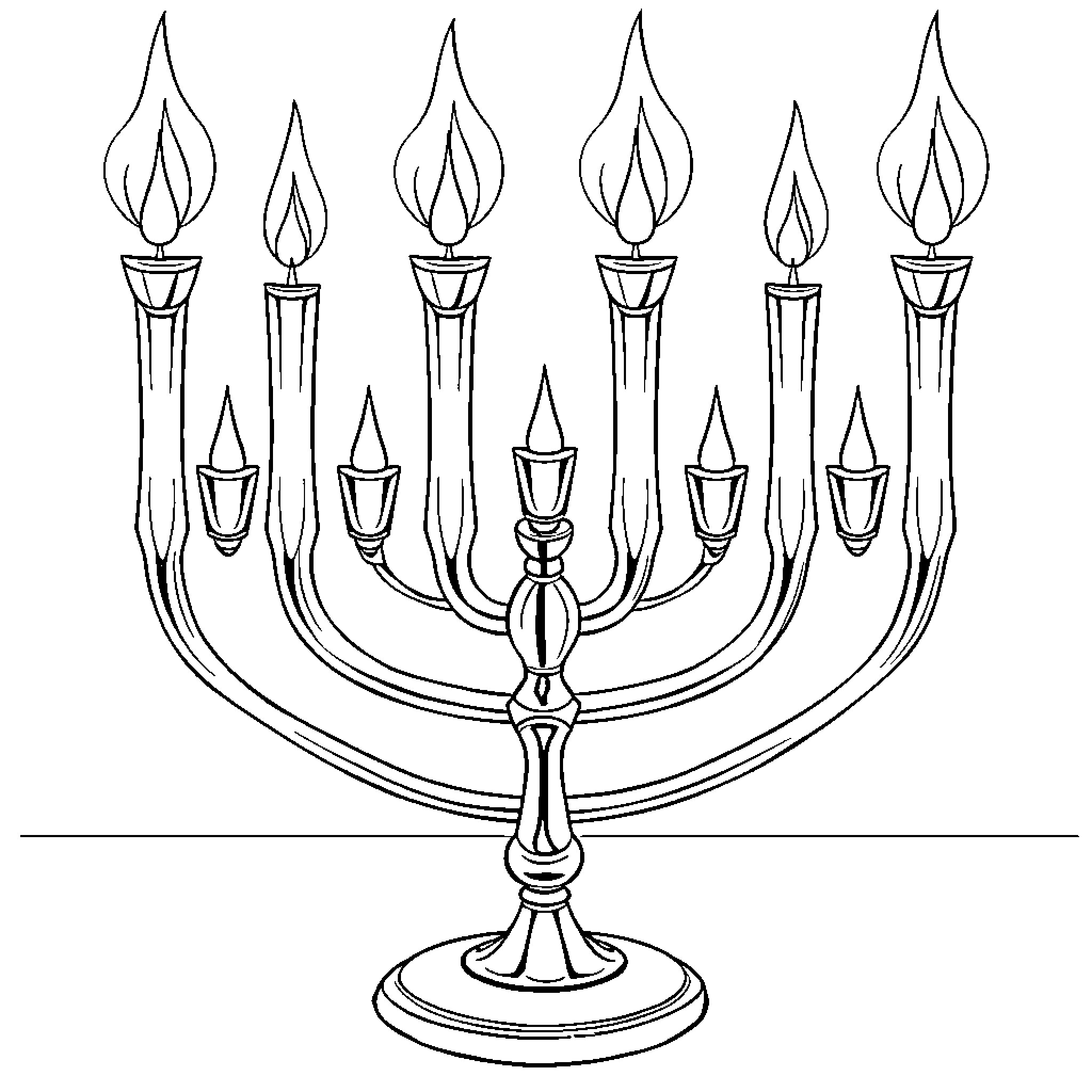 Menorah with burning flames Coloring Page (free black-and-white line drawing printable PDF for all, from beginners to advanced learners, including children, teens, adults, and seniors)