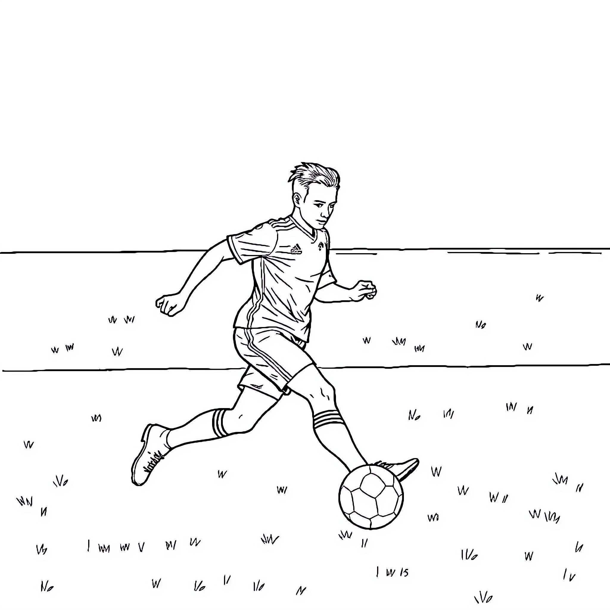 Kwala playing soccer on the field Coloring Page (free black-and-white line drawing printable PDF for all, from beginners to advanced learners, including children, teens, adults, and seniors)