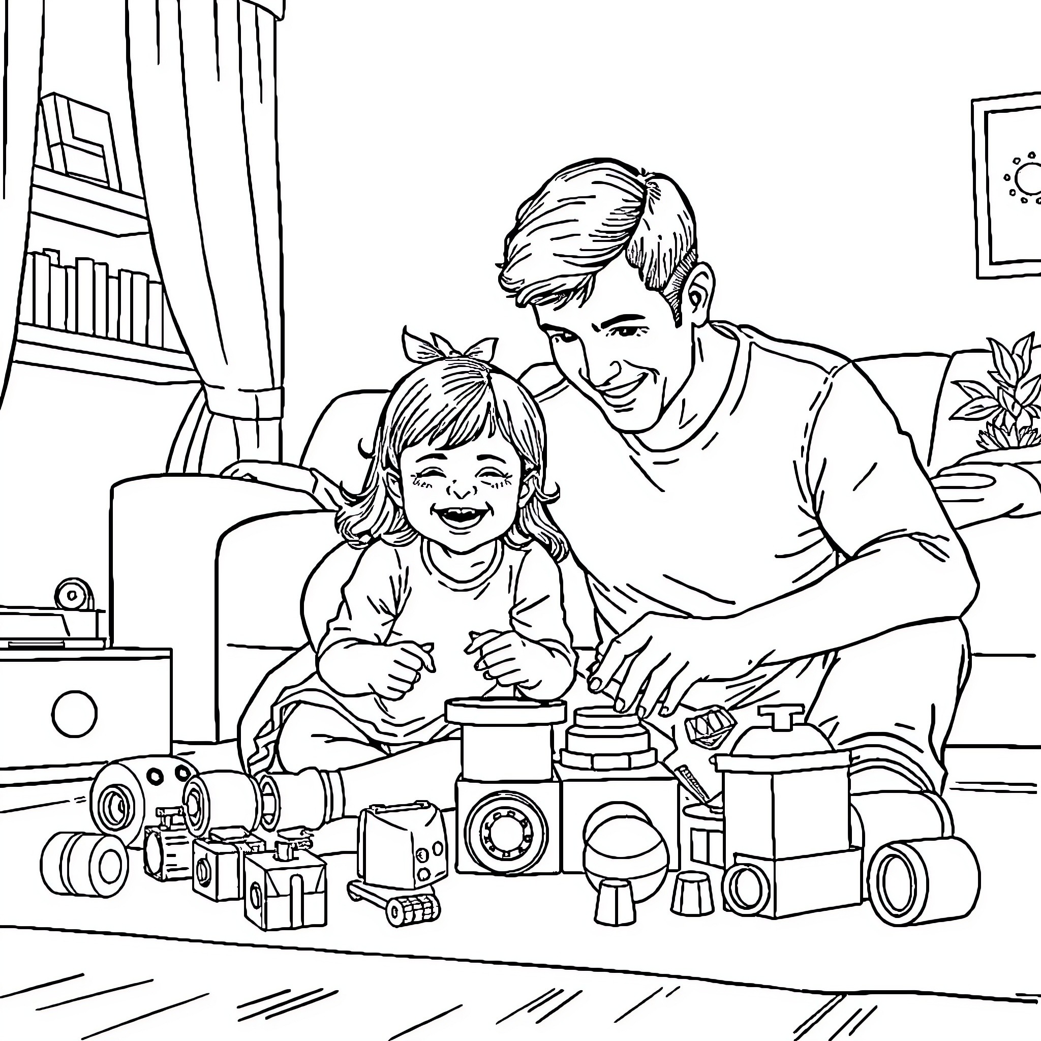 Girl Playing with Father and Toys at Home Coloring Page (free black-and-white line drawing printable PDF for all, from beginners to advanced learners, including children, teens, adults, and seniors)