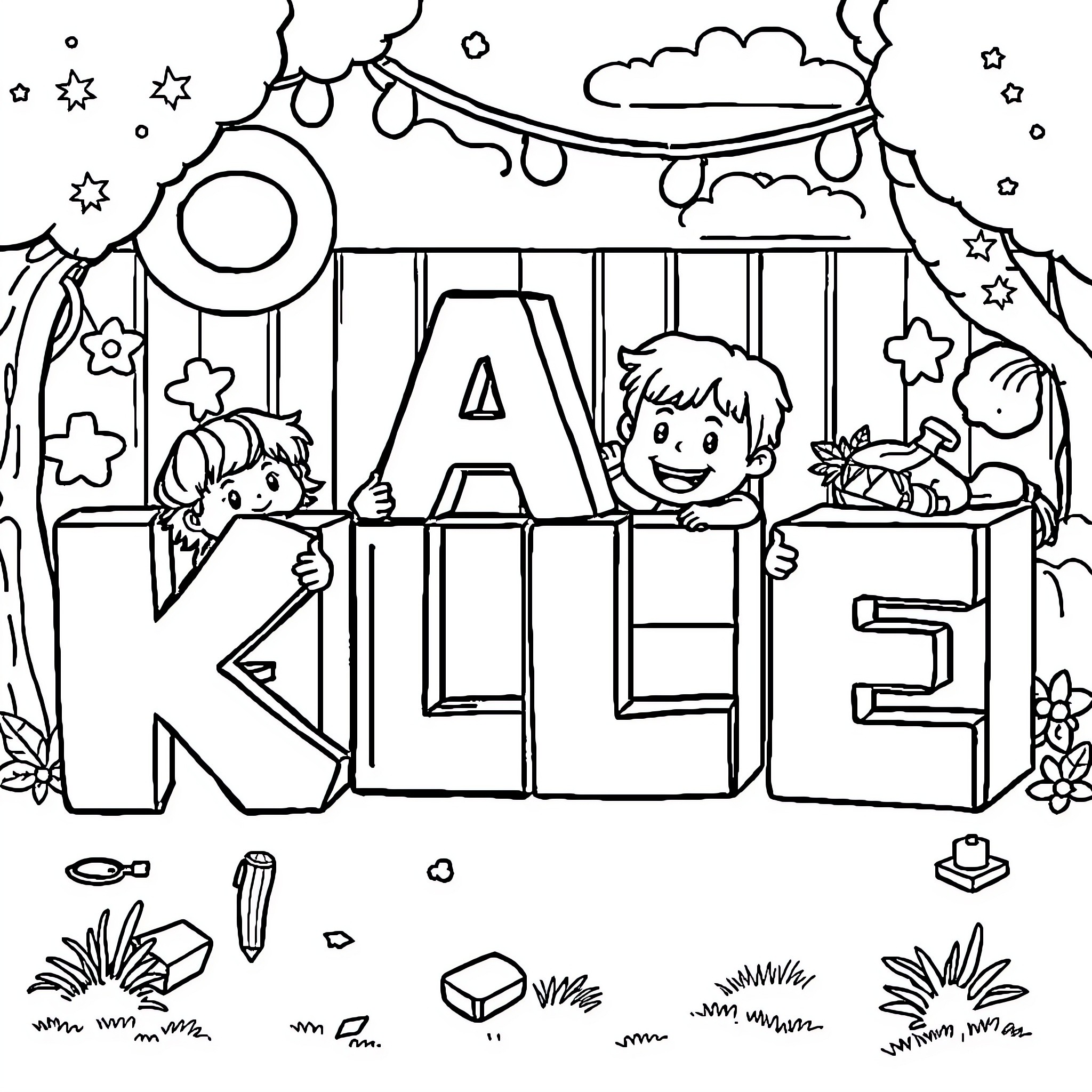 Character playing with toys in the park scene Coloring Page (free black-and-white line drawing printable PDF for all, from beginners to advanced learners, including children, teens, adults, and seniors)