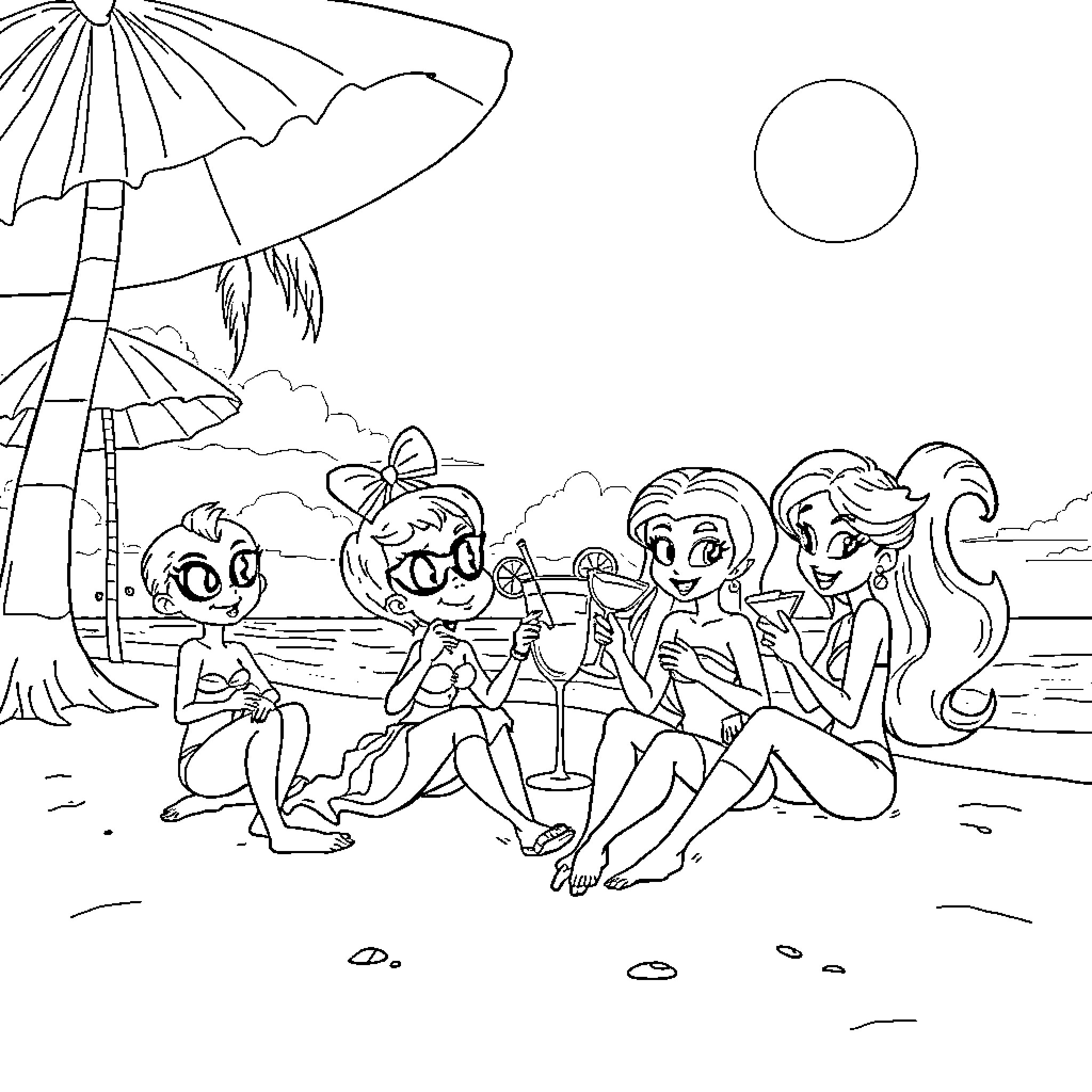 Miraculous Beach Day with Playful Friends Coloring Page (free black-and-white line drawing printable PDF for all, from beginners to advanced learners, including children, teens, adults, and seniors)