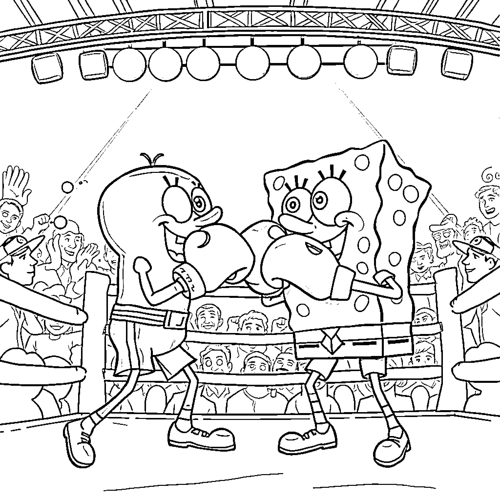 Bluey characters performing on stage Coloring Page (free black-and-white line drawing printable PDF for all, from beginners to advanced learners, including children, teens, adults, and seniors)