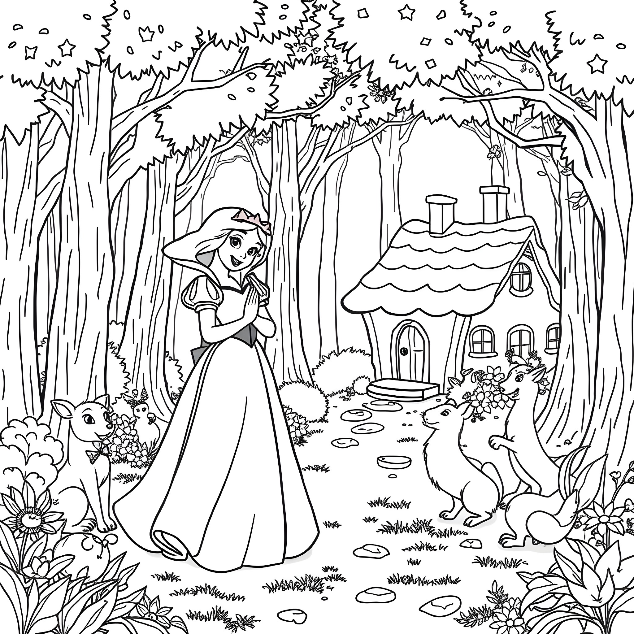 Snow White exploring the enchanted forest cottage Coloring Page (free black-and-white line drawing printable PDF for all, from beginners to advanced learners, including children, teens, adults, and seniors)