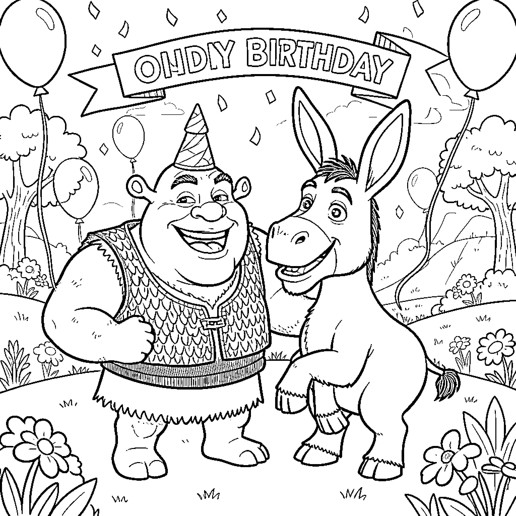 Shrek and Donkey celebrating a fun birthday party Coloring Page (free black-and-white line drawing printable PDF for all, from beginners to advanced learners, including children, teens, adults, and seniors)