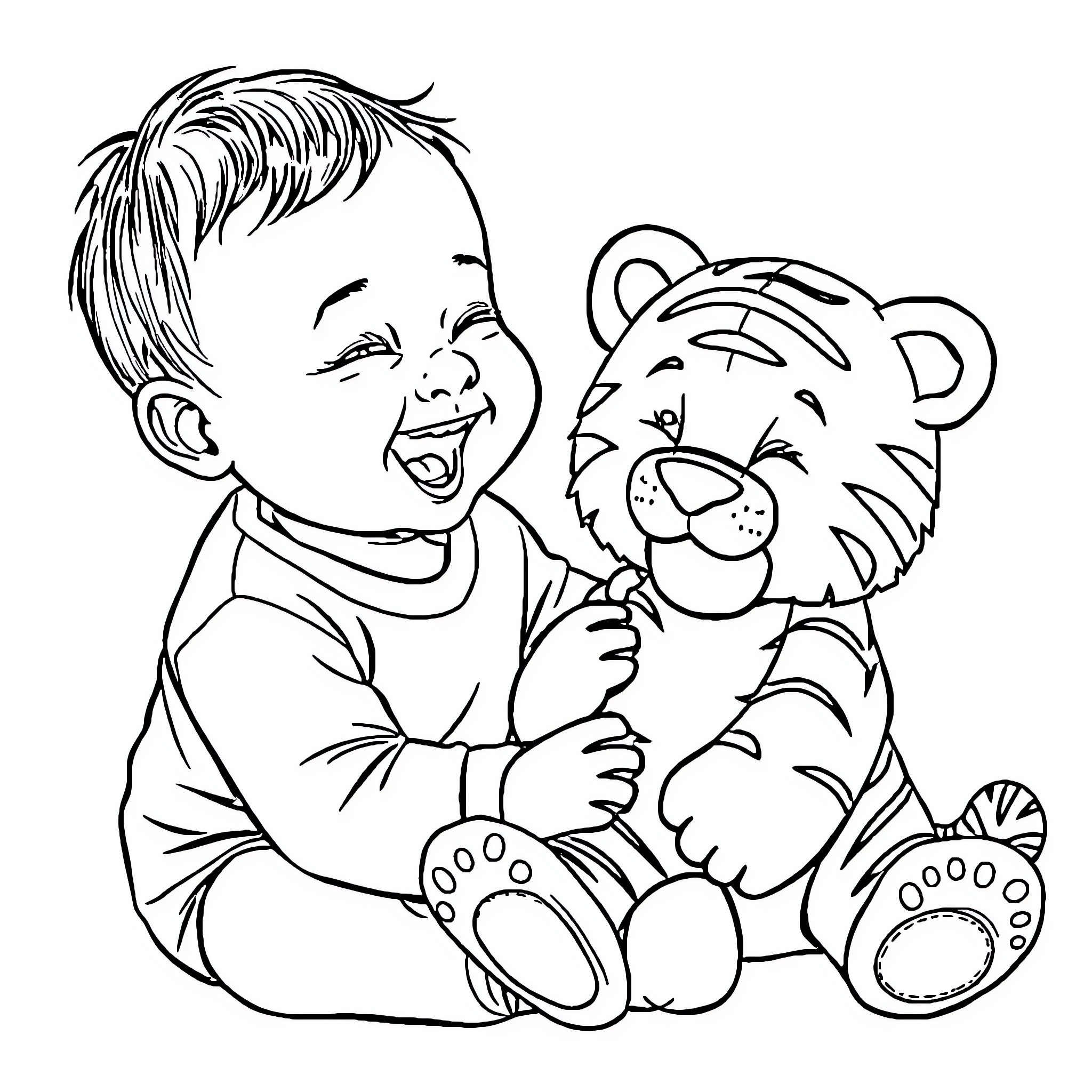 Baby playing happily with stuffed tiger toy Coloring Page (free black-and-white line drawing printable PDF for all, from beginners to advanced learners, including children, teens, adults, and seniors)
