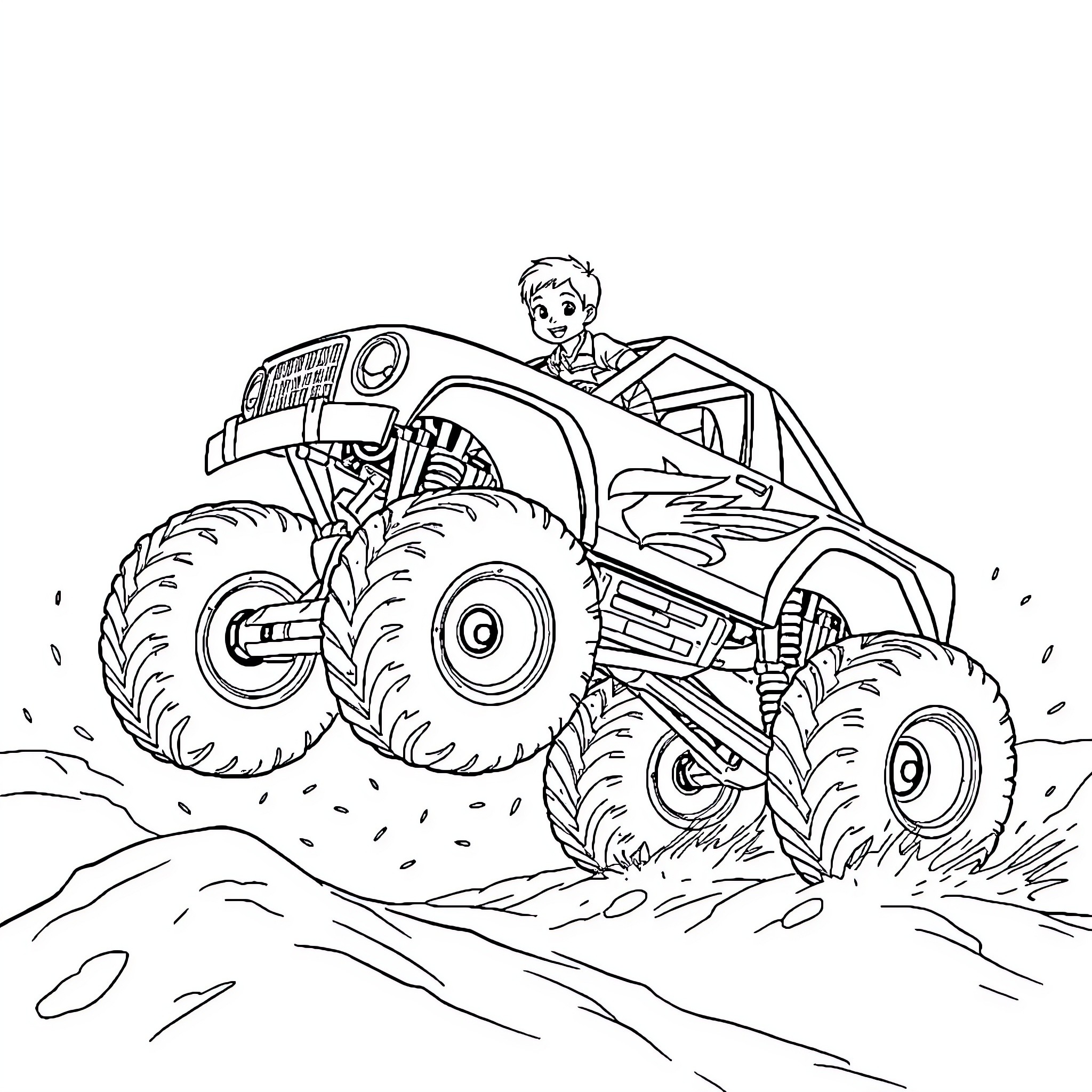 Boy Driving Powerful Monster Truck on Rugged Terrain Coloring Page (free black-and-white line drawing printable PDF for all, from beginners to advanced learners, including children, teens, adults, and seniors)