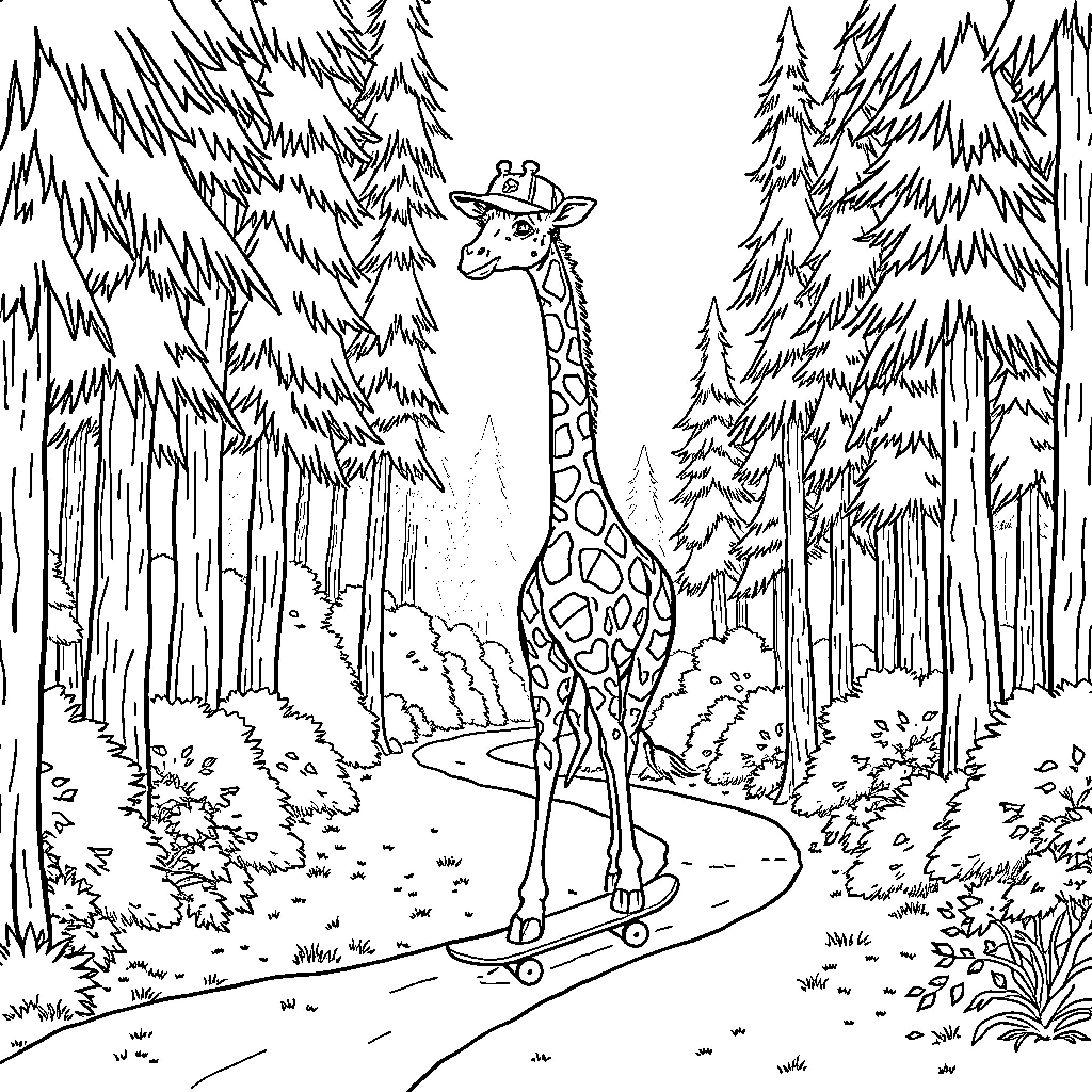 Giraffe skateboarding through a forest Coloring Page (free black-and-white line drawing printable PDF for all, from beginners to advanced learners, including children, teens, adults, and seniors)
