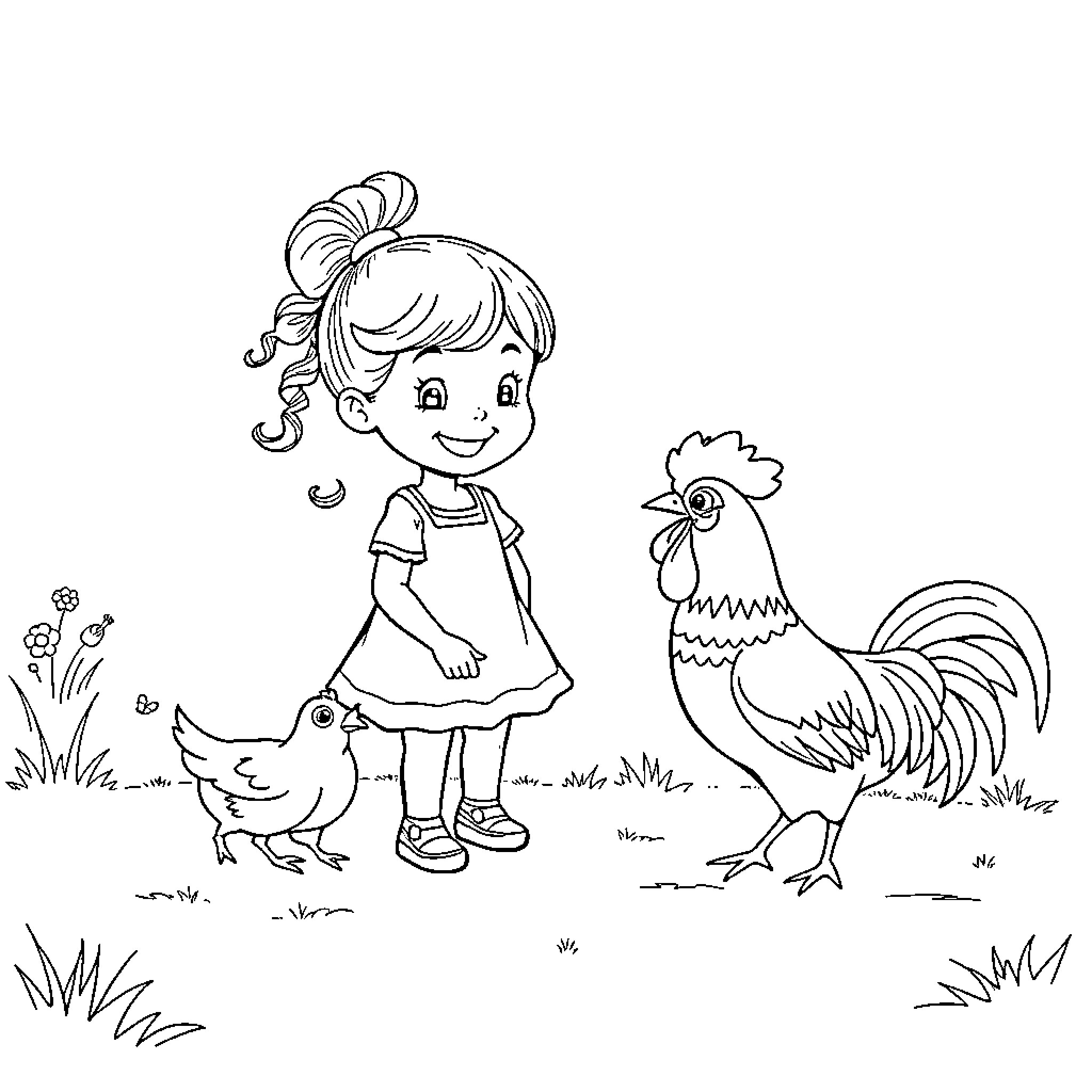 Girl interacting with chicken and duck in the farm Coloring Page (free black-and-white line drawing printable PDF for all, from beginners to advanced learners, including children, teens, adults, and seniors)
