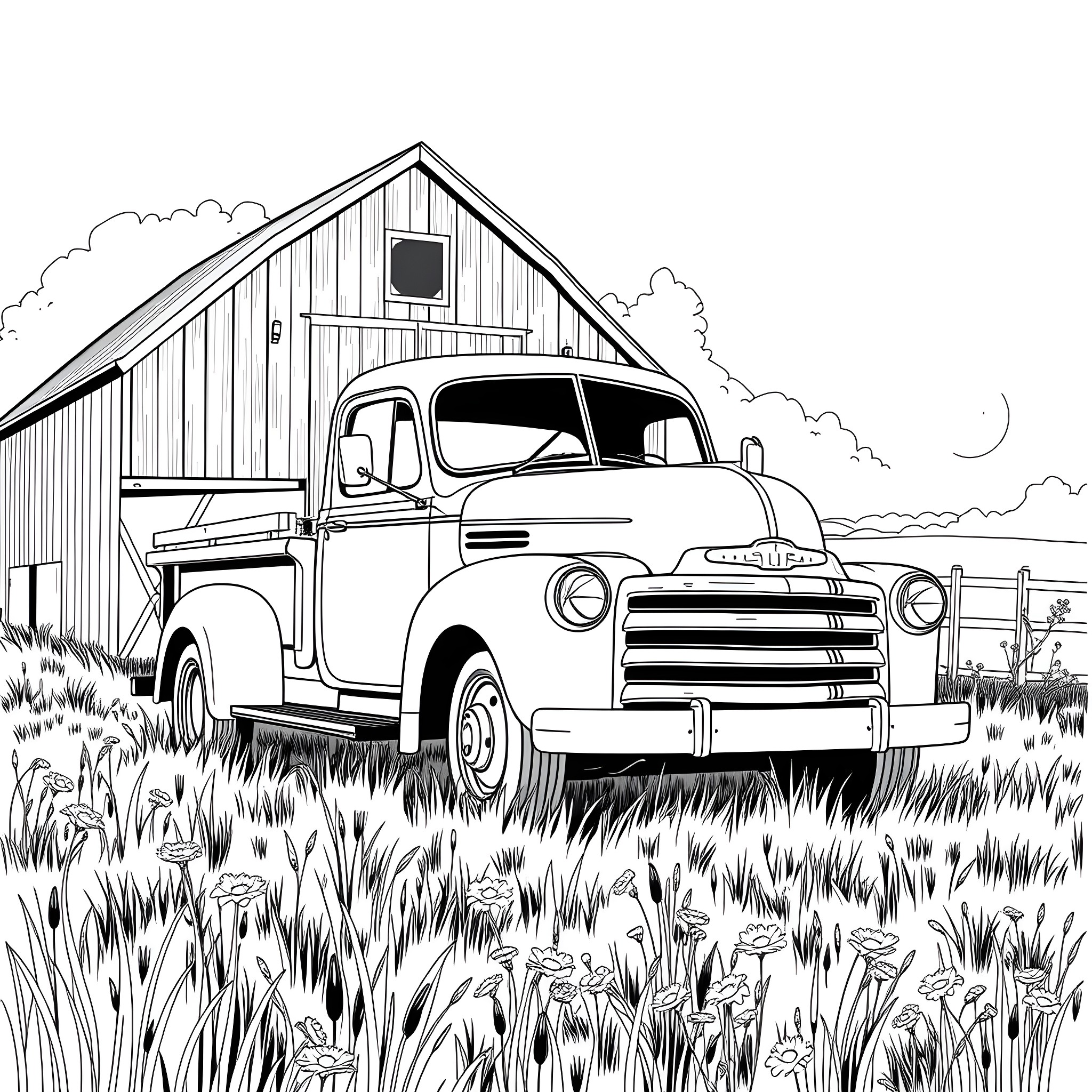Truck parked in front of old barn in field Coloring Page (free black-and-white line drawing printable PDF for all, from beginners to advanced learners, including children, teens, adults, and seniors)
