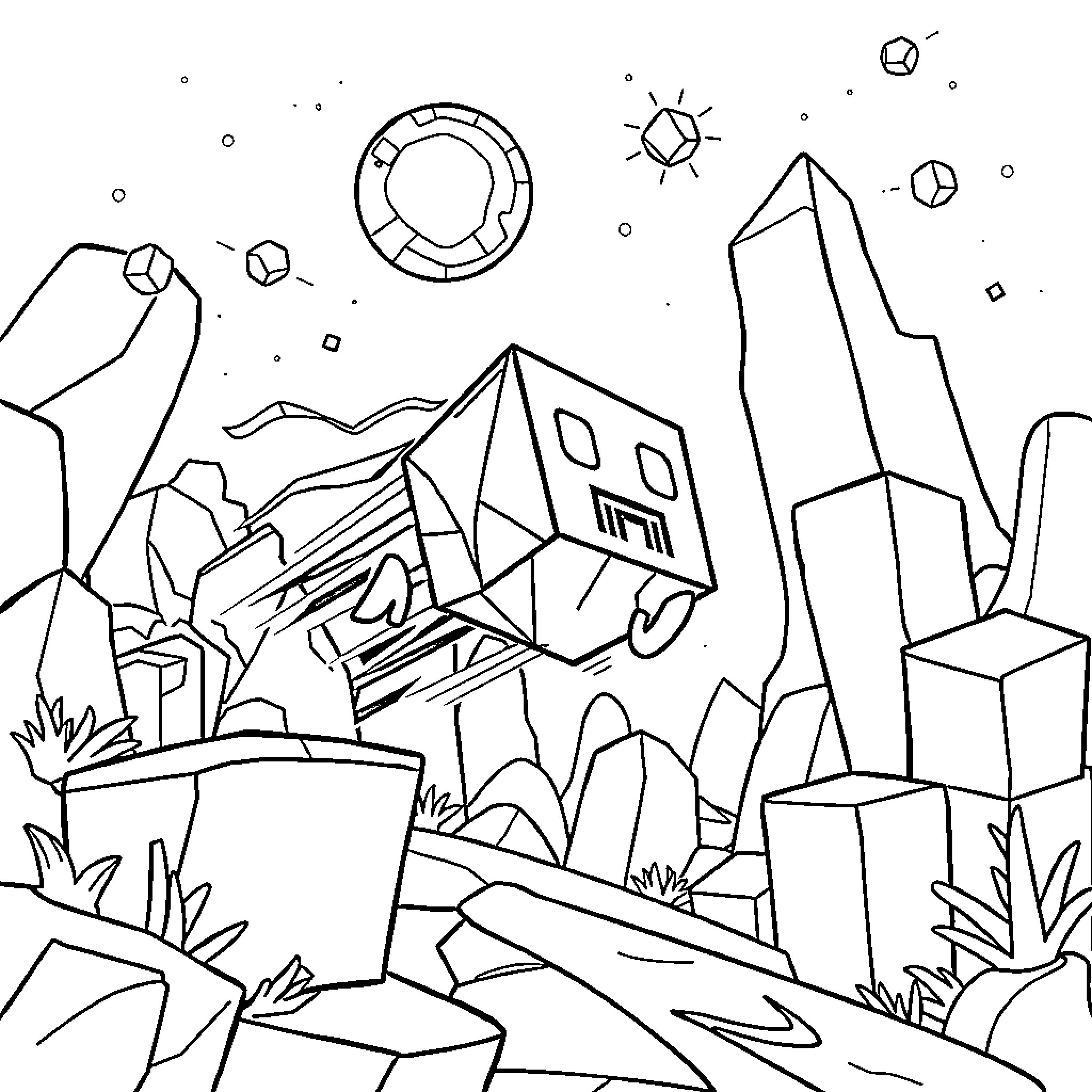 Cube Landscape with Geometric Structures Coloring Page (free black-and-white line drawing printable PDF for all, from beginners to advanced learners, including children, teens, adults, and seniors)