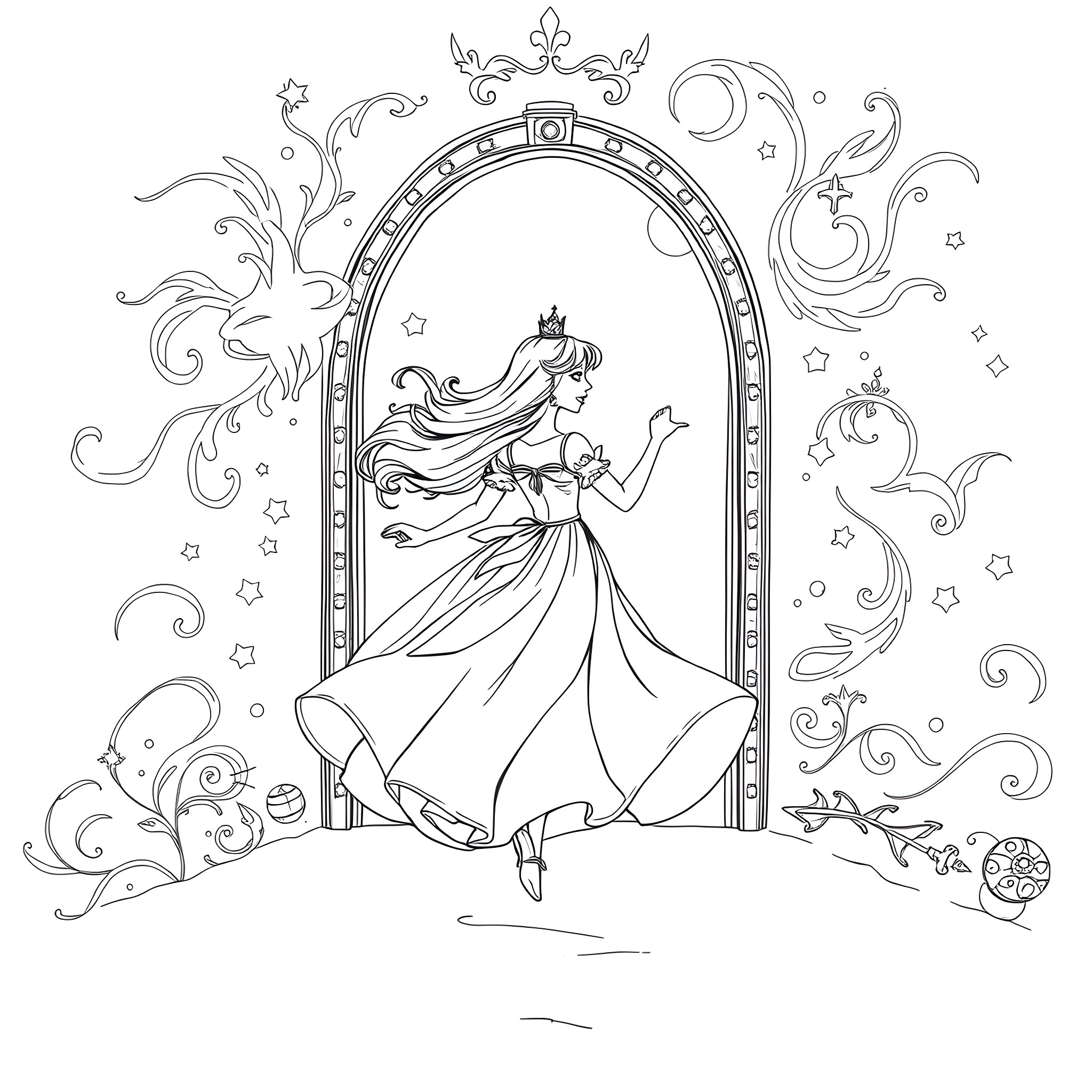 Princess dancing gracefully in ornate frame Coloring Page (free black-and-white line drawing printable PDF for all, from beginners to advanced learners, including children, teens, adults, and seniors)