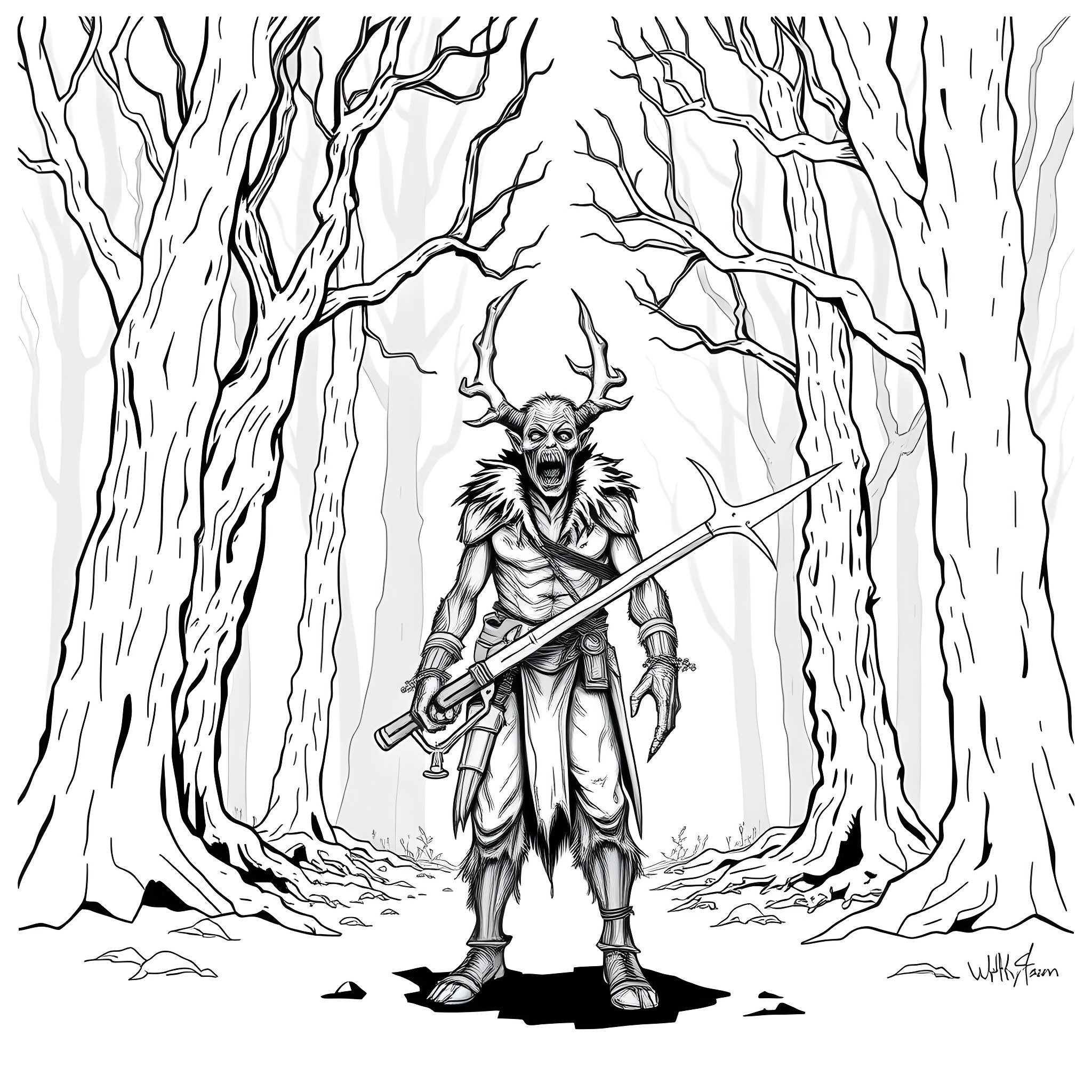 Hunter striding confidently through the eerie forest Coloring Page (free black-and-white line drawing printable PDF for all, from beginners to advanced learners, including children, teens, adults, and seniors)