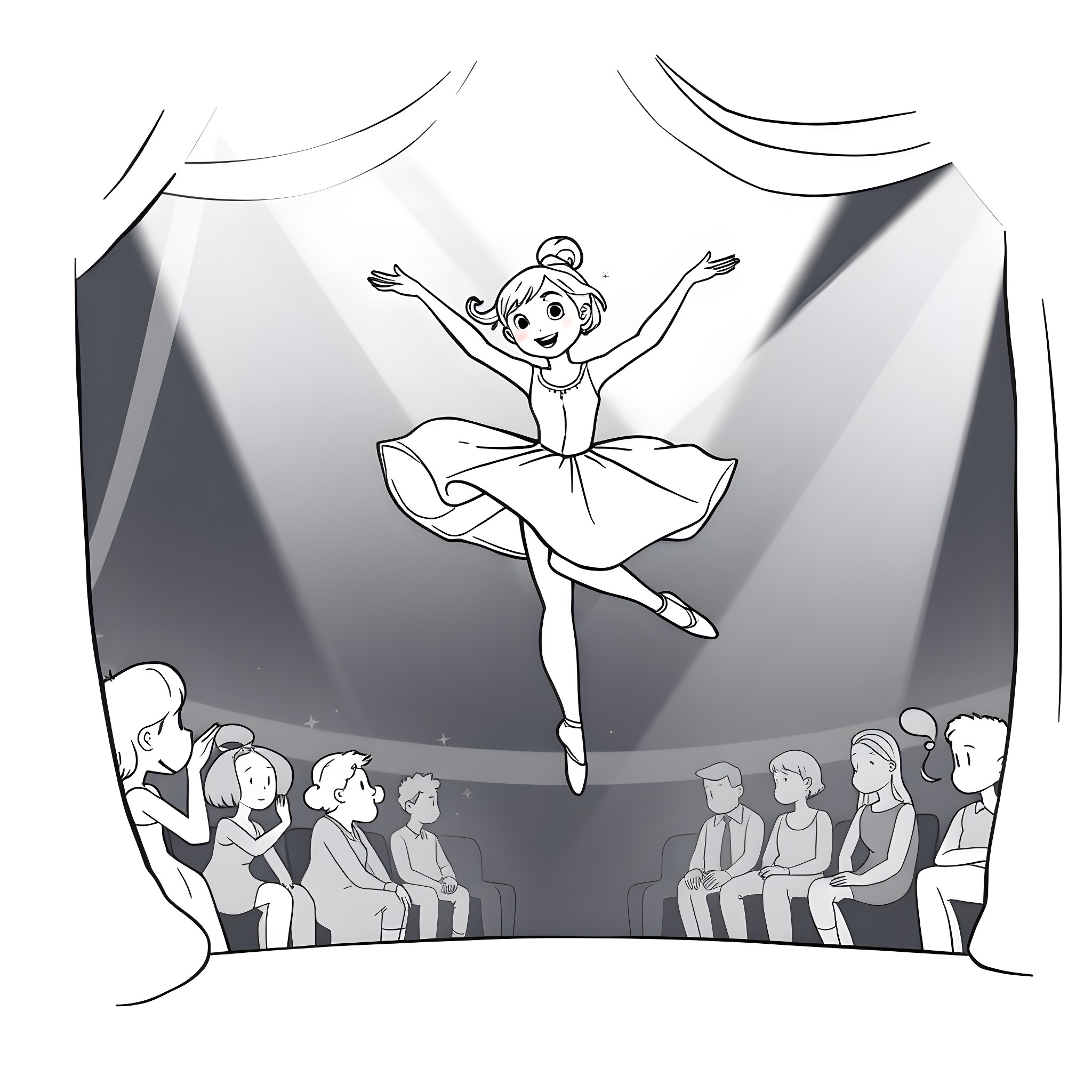 Ballerina dancing gracefully on stage Coloring Page (free black-and-white line drawing printable PDF for all, from beginners to advanced learners, including children, teens, adults, and seniors)